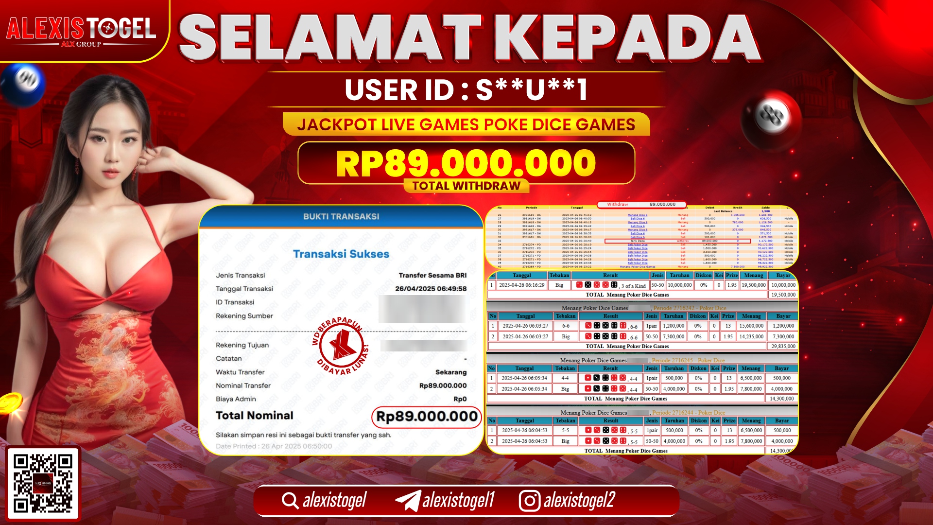 ALEXISTOGEL di LIVE GAMES POKE DICE RP.89.000.000 LUNAS