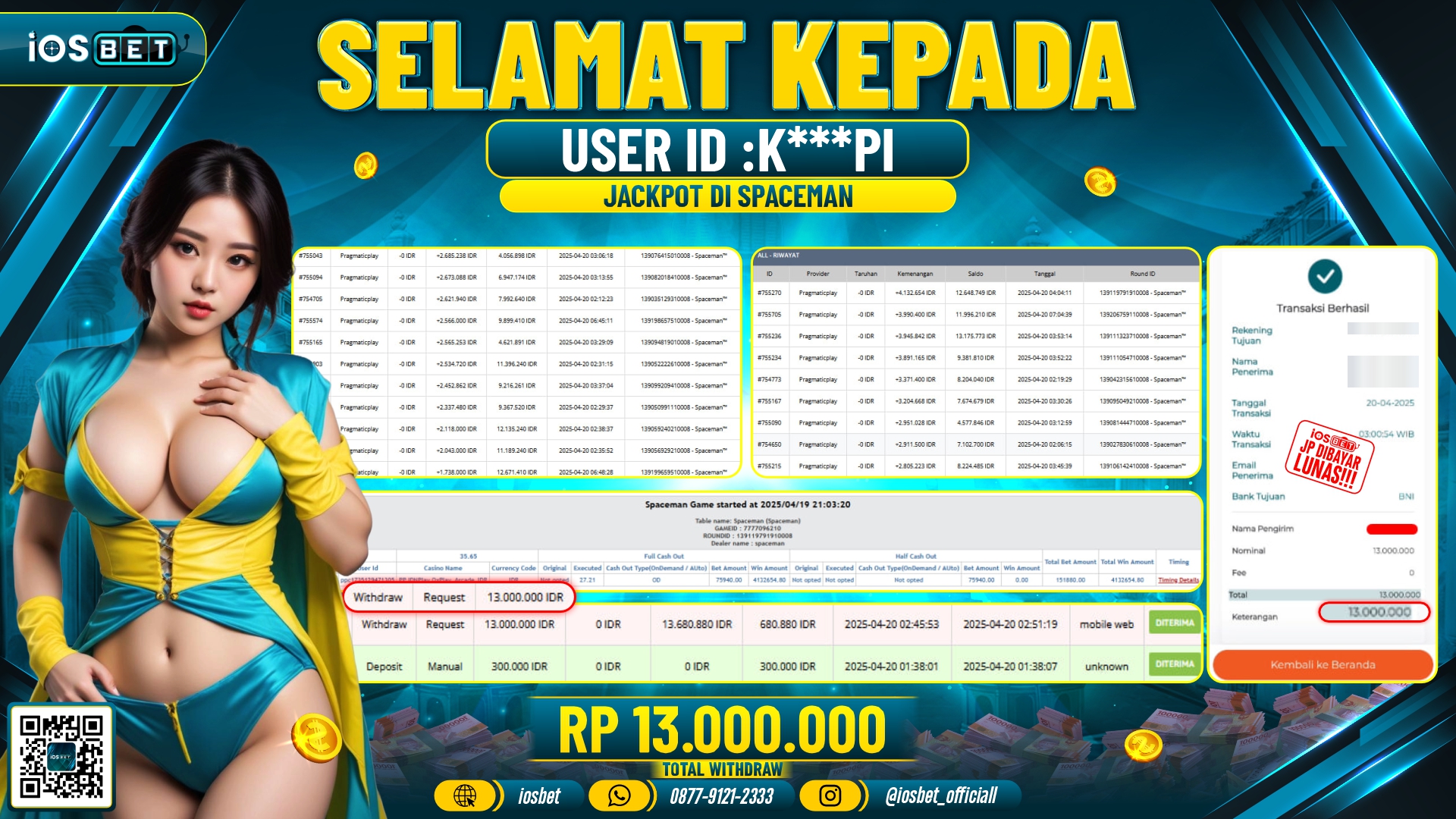 Bukti Pembayaran LUNAS SPACEMAN GAME GACOR  Rp.13.000.000