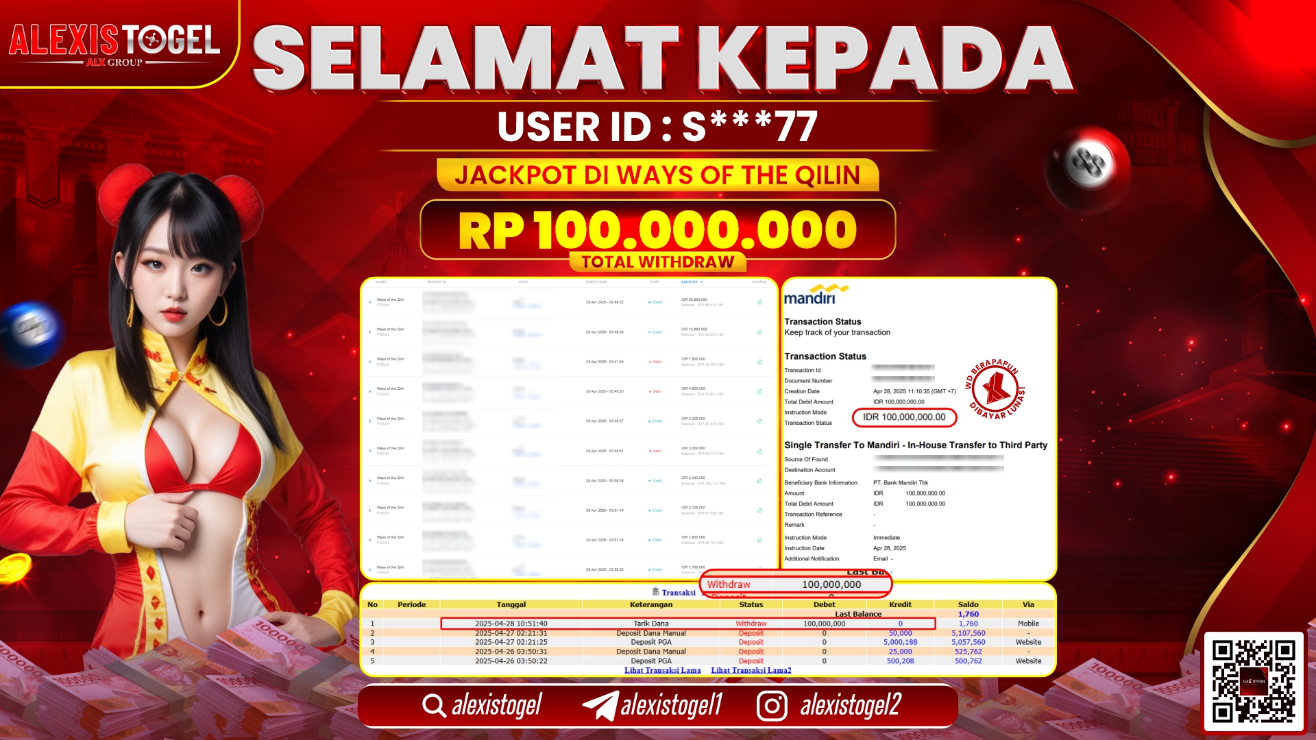 ALEXISTOGEL di SLOT WAYS OF THE QILIN RP.100.000.000 LUNAS