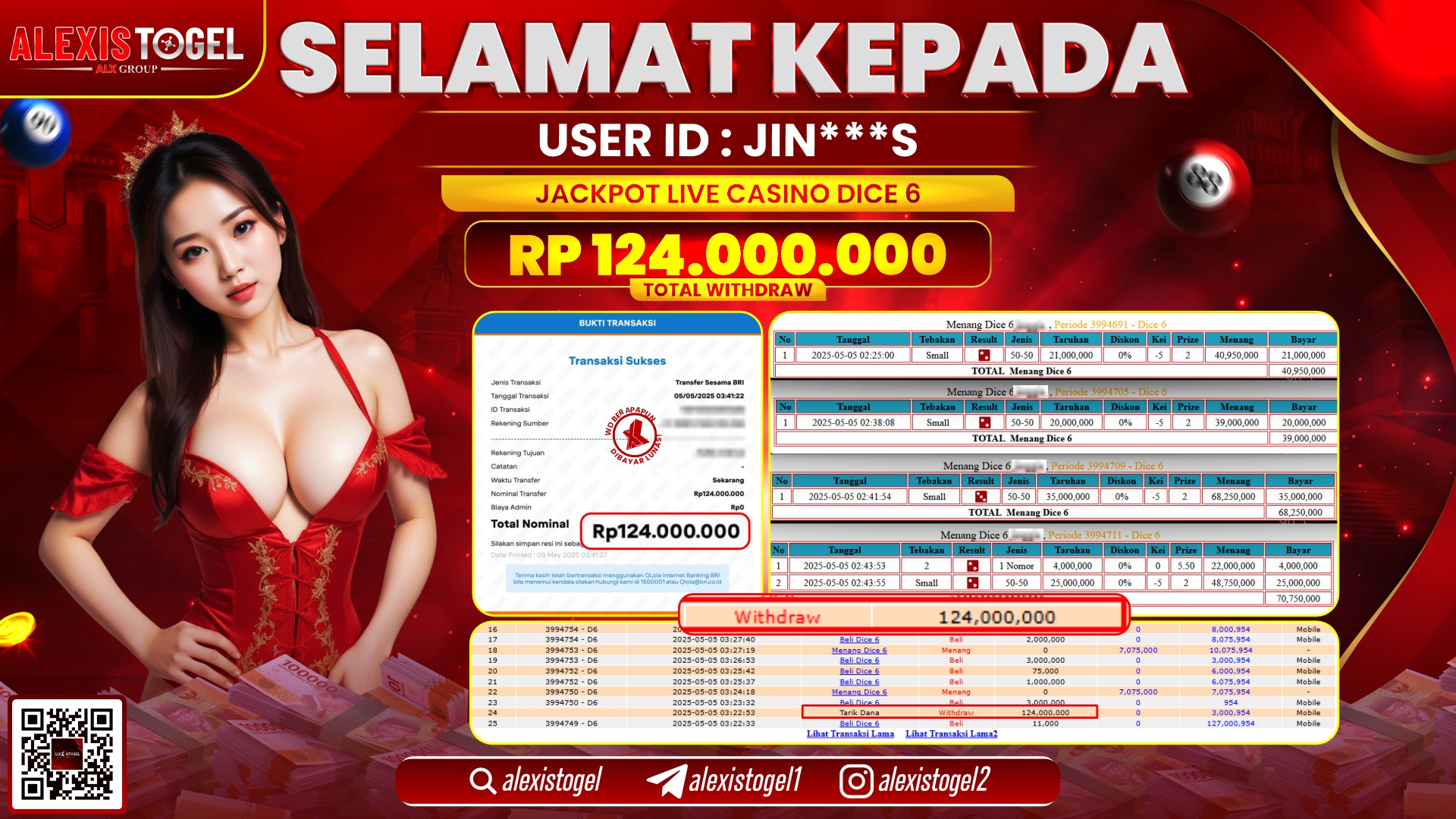 ALEXISTOGEL di LIVE CASINO DICE 6 RP.124.000.000 LUNAS