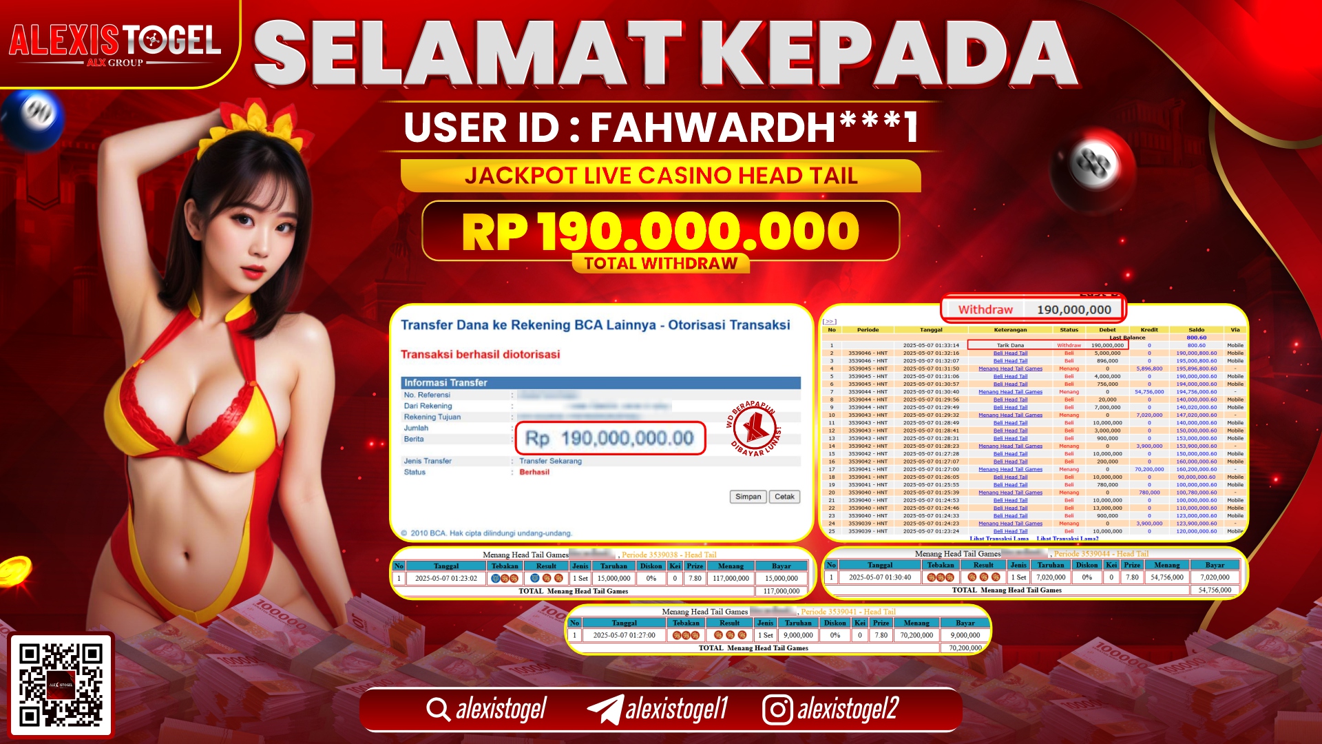 ALEXISTOGEL di  LIVE CASINO HEAD TAIL RP.190.000.000 LUNAS