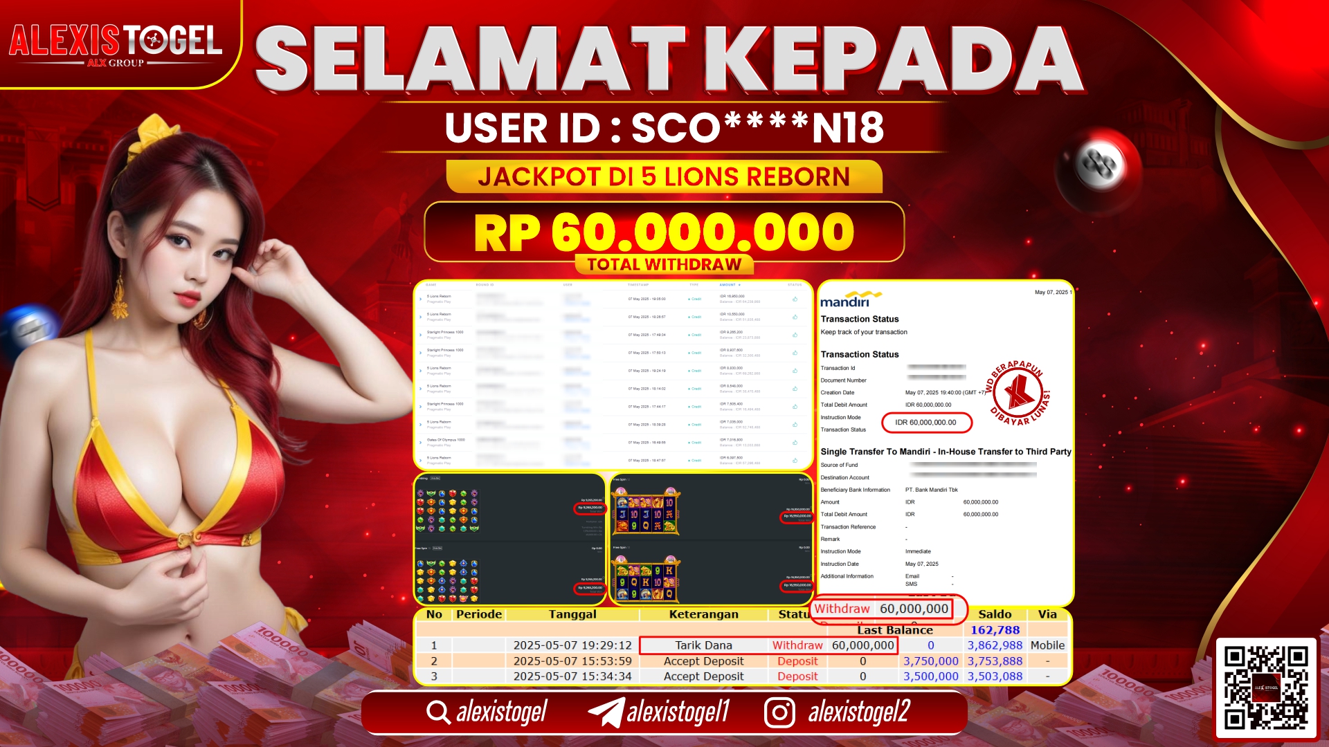 ALEXISTOGEL di SLOT 5 LIONS REBORN RP.60.000.000 LUNAS