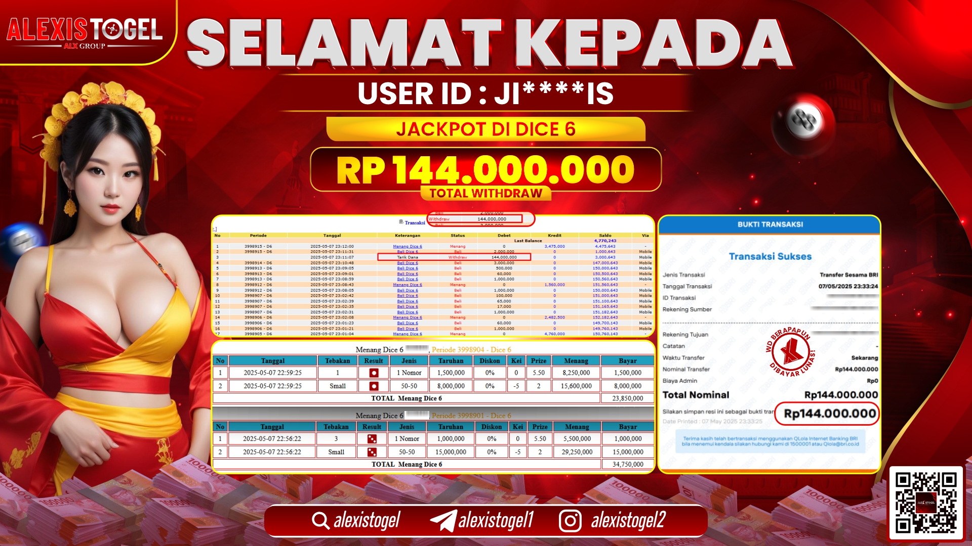 ALEXISTOGEL di CASINO DICE 6 RP.144.000.000 LUNAS