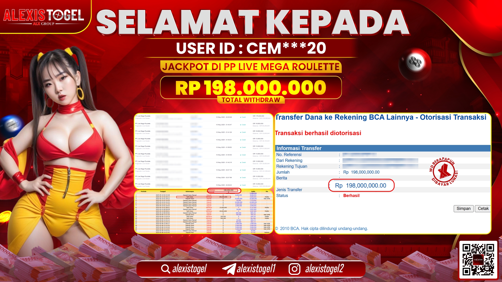ALEXISTOGEL di PP LIVE MEGA ROULETTE RP.198.000.000 LUNAS