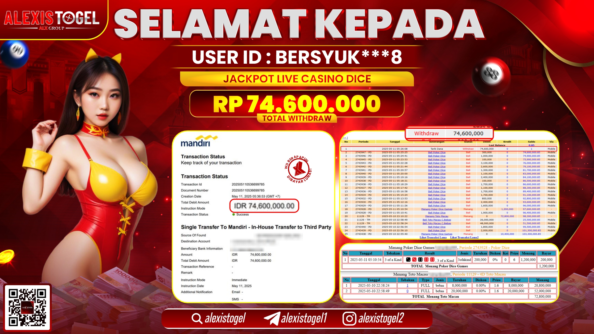 ALEXISTOGEL di LIVE CASINO DICE RP.74.600.000 LUNAS