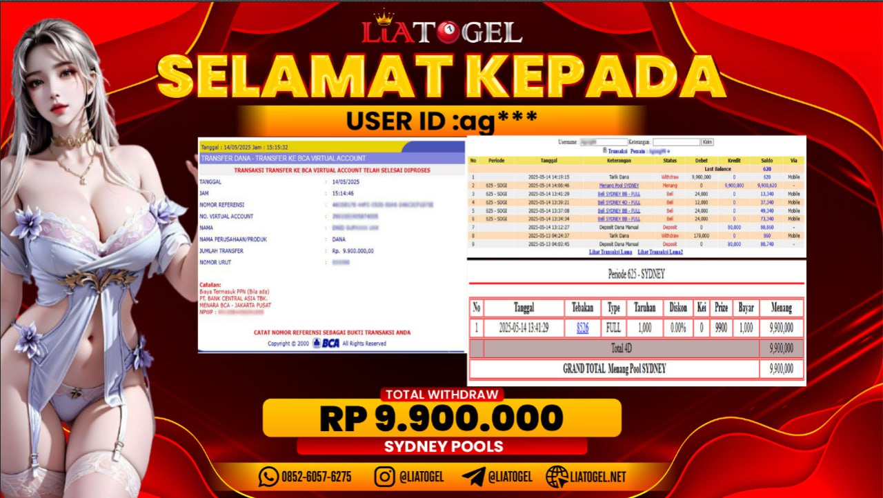 LIATOGEL - JACKPOT POOLS SYDNEY 4D GAMES RP 9.900.000,- LUNAS