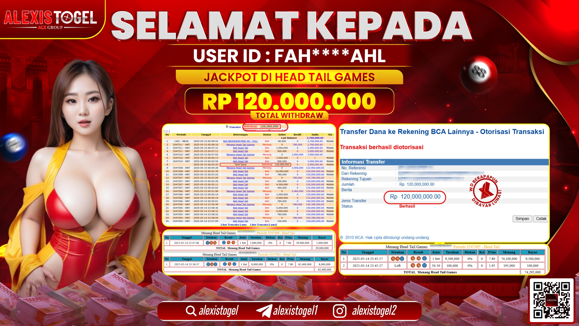 ALEXISTOGEL di CASINO HEAD TAIL GAMES RP.120.000.000 LUNAS