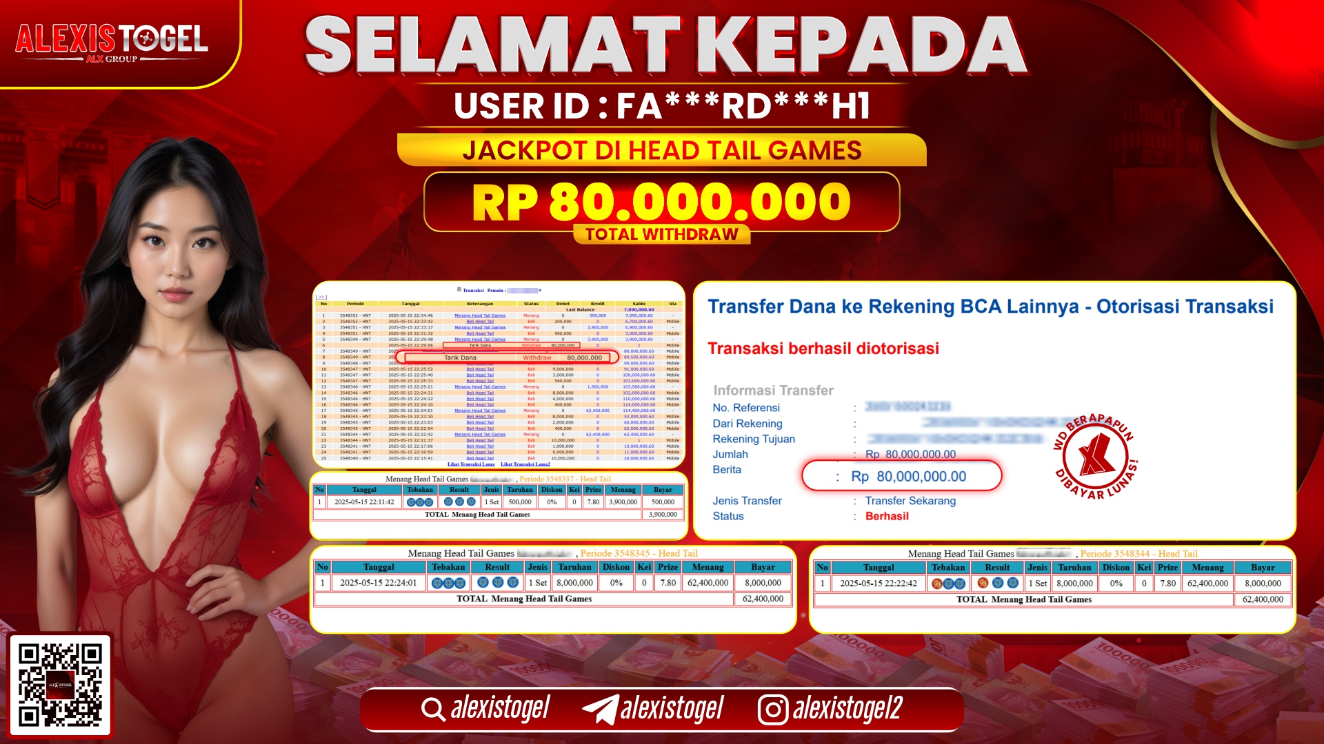 ALEXISTOGEL di CASINO HEAD TAIL GAMES RP.80.000.000 LUNAS