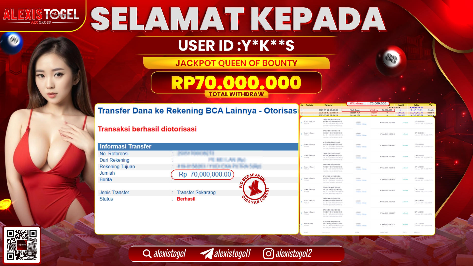 ALEXISTOGEL di SLOT QUEEN OF BOUNTY RP.70.000.000 LUNAS