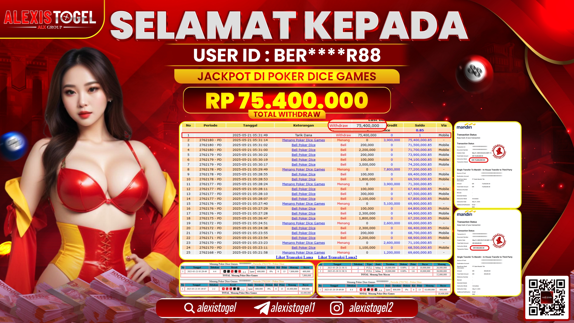 ALEXISTOGEL di CASINO POKER DICE RP.75.400.000 LUNAS