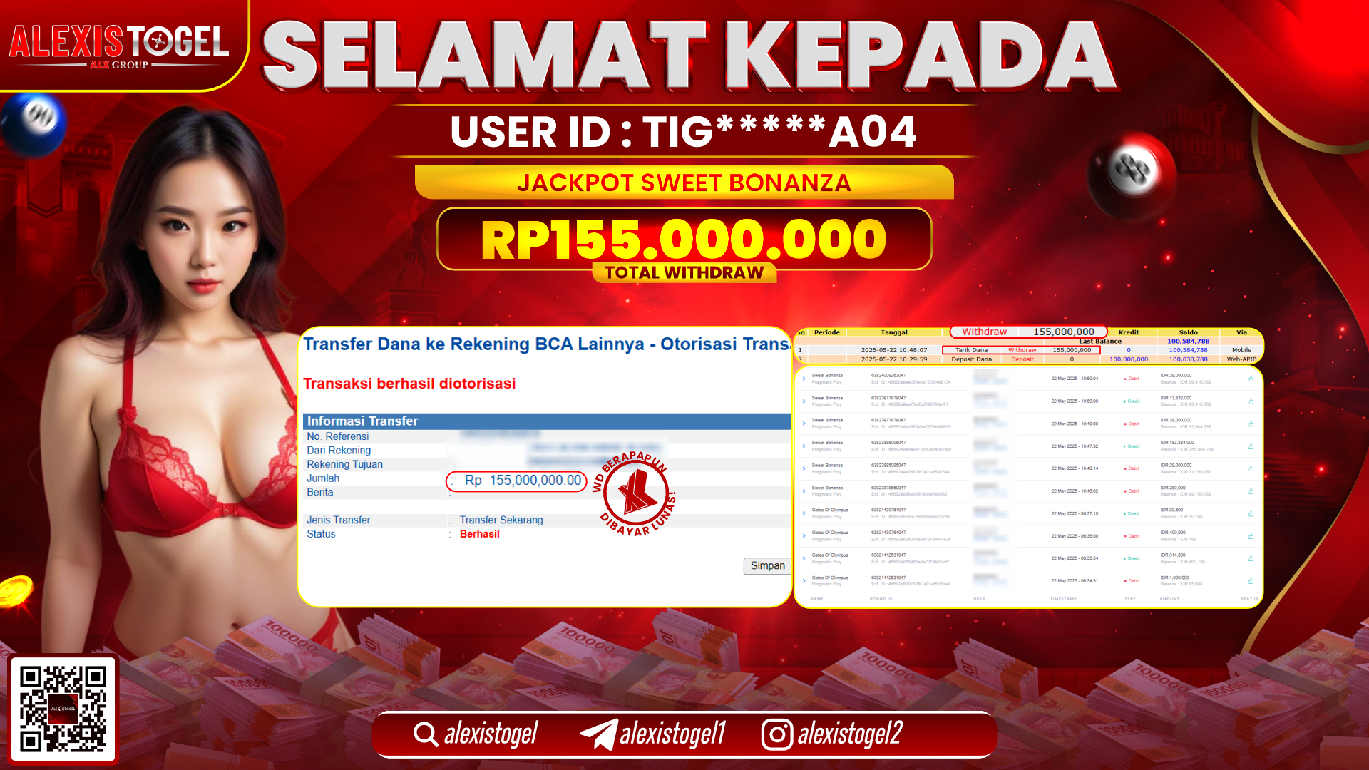 ALEXISTOGEL di SLOT SWEET BONANZA RP.155.000.000 LUNAS