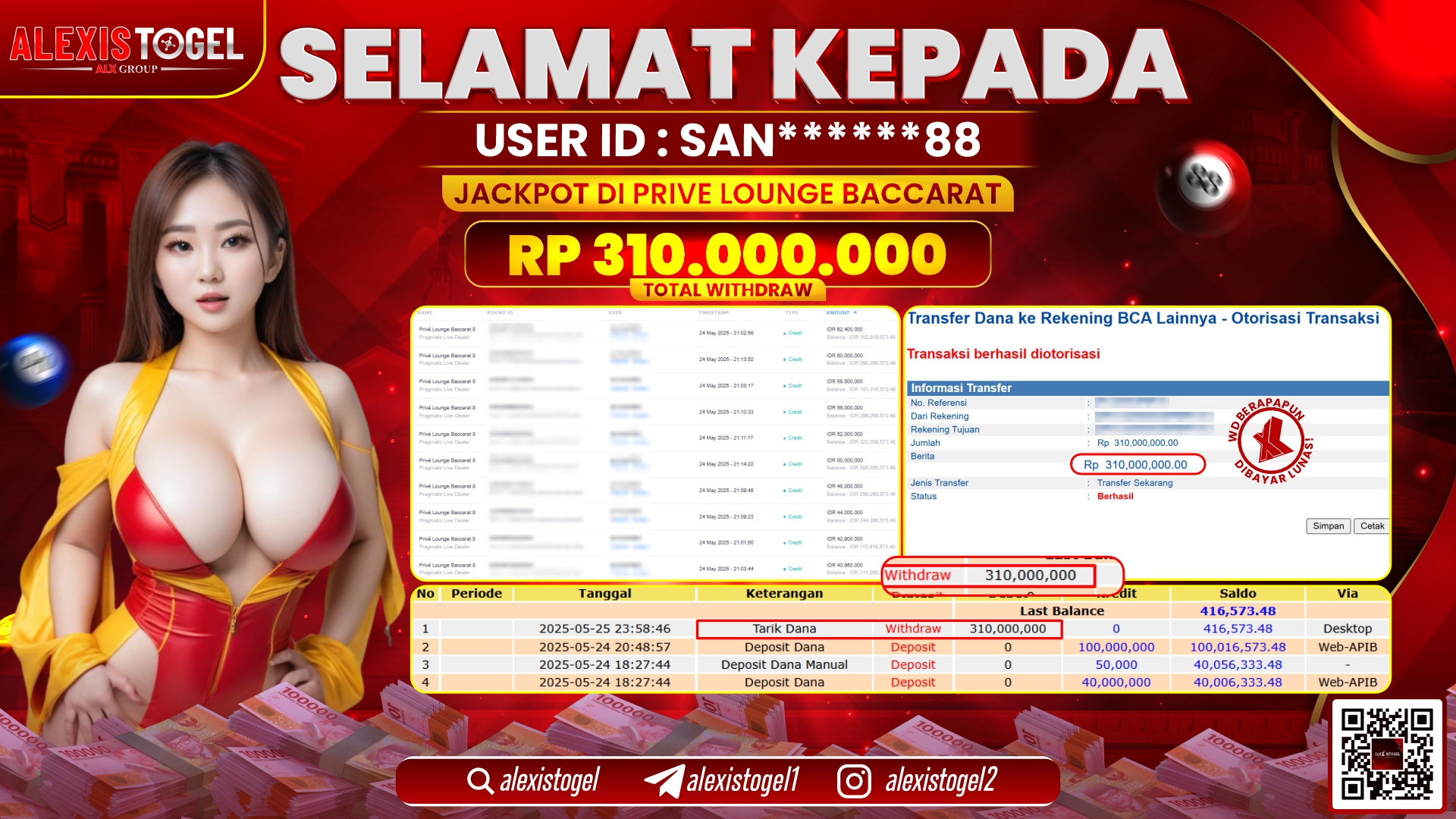 ALEXISTOGEL di PRIVE LOUNGE BACCARAT  RP.310.000.000 LUNAS