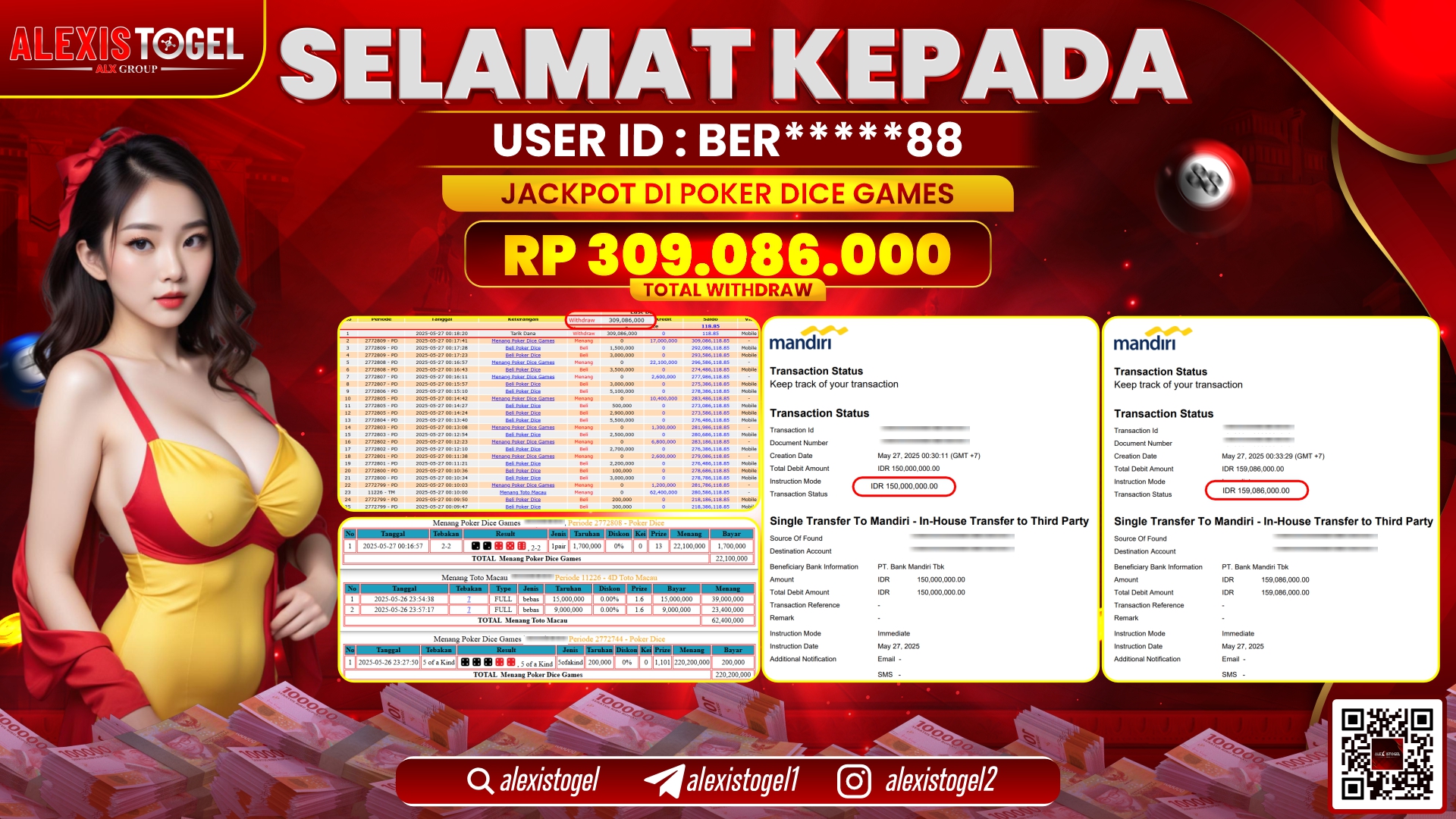 ALEXISTOGEL di CASINO POKER DICE RP.309.086.000 LUNAS