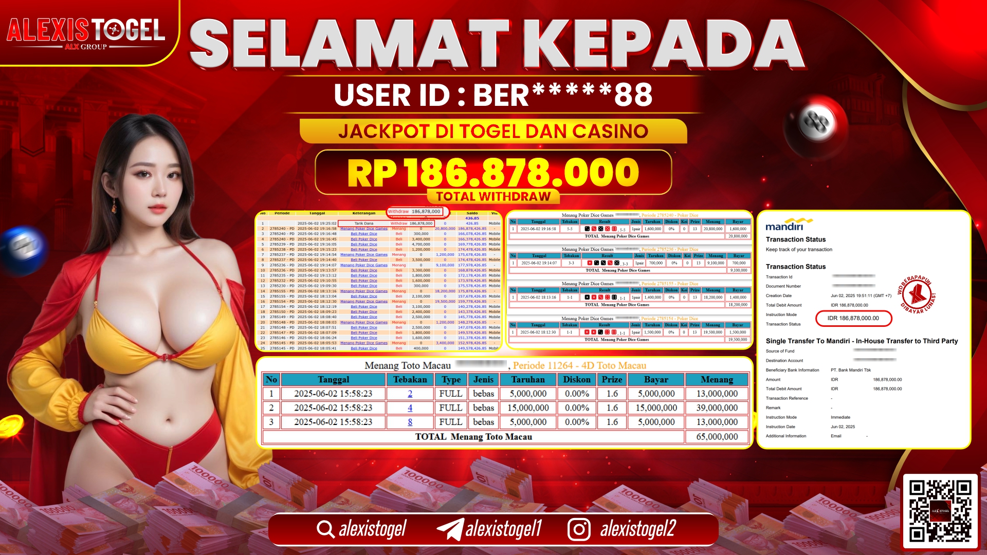 ALEXISTOGEL di TOGEL & CASINO RP.186.878.000 LUNAS