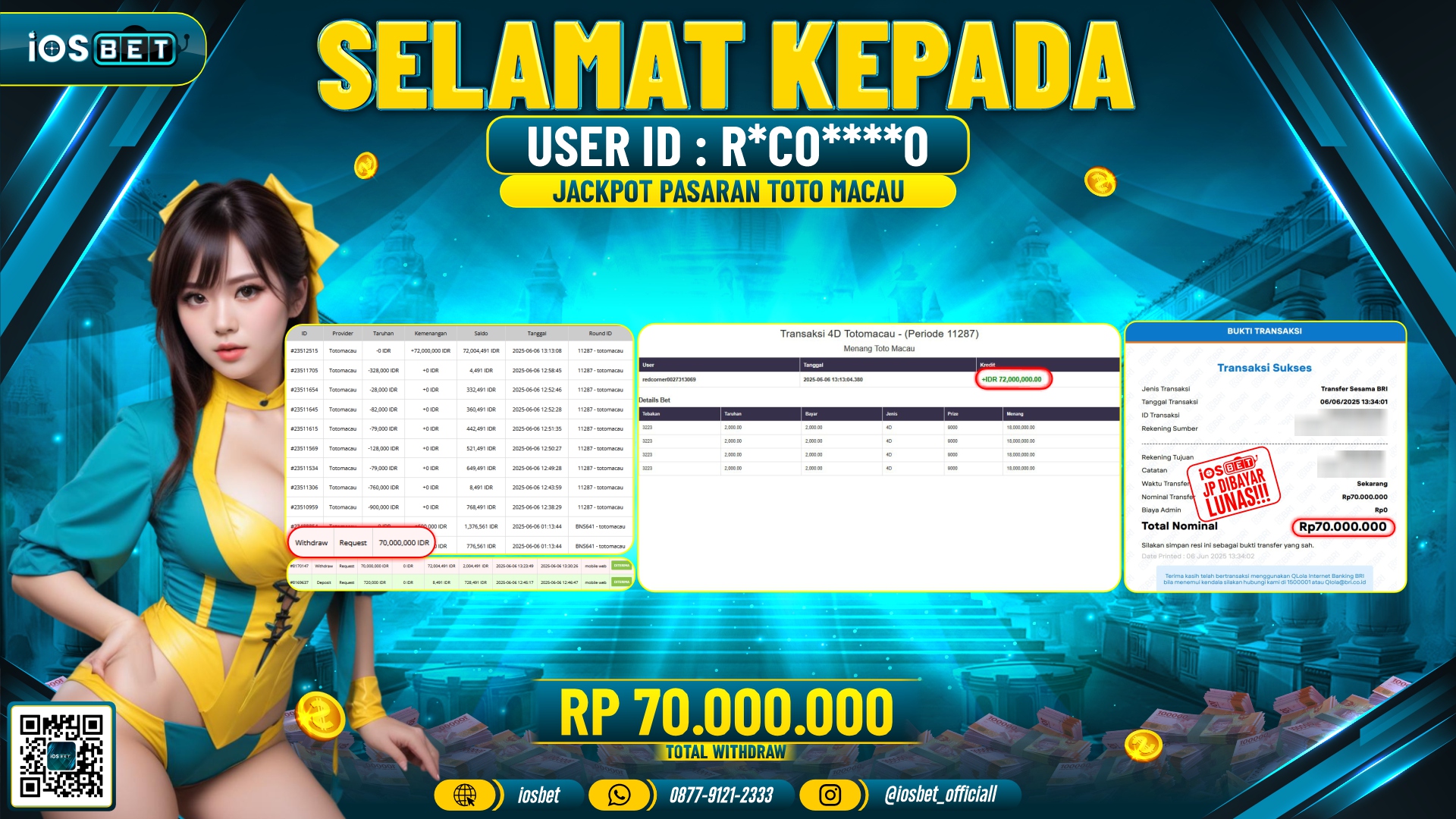 Bukti Pembayaran LUNAS PASARAN TOTO MACAU Rp.70.000.000