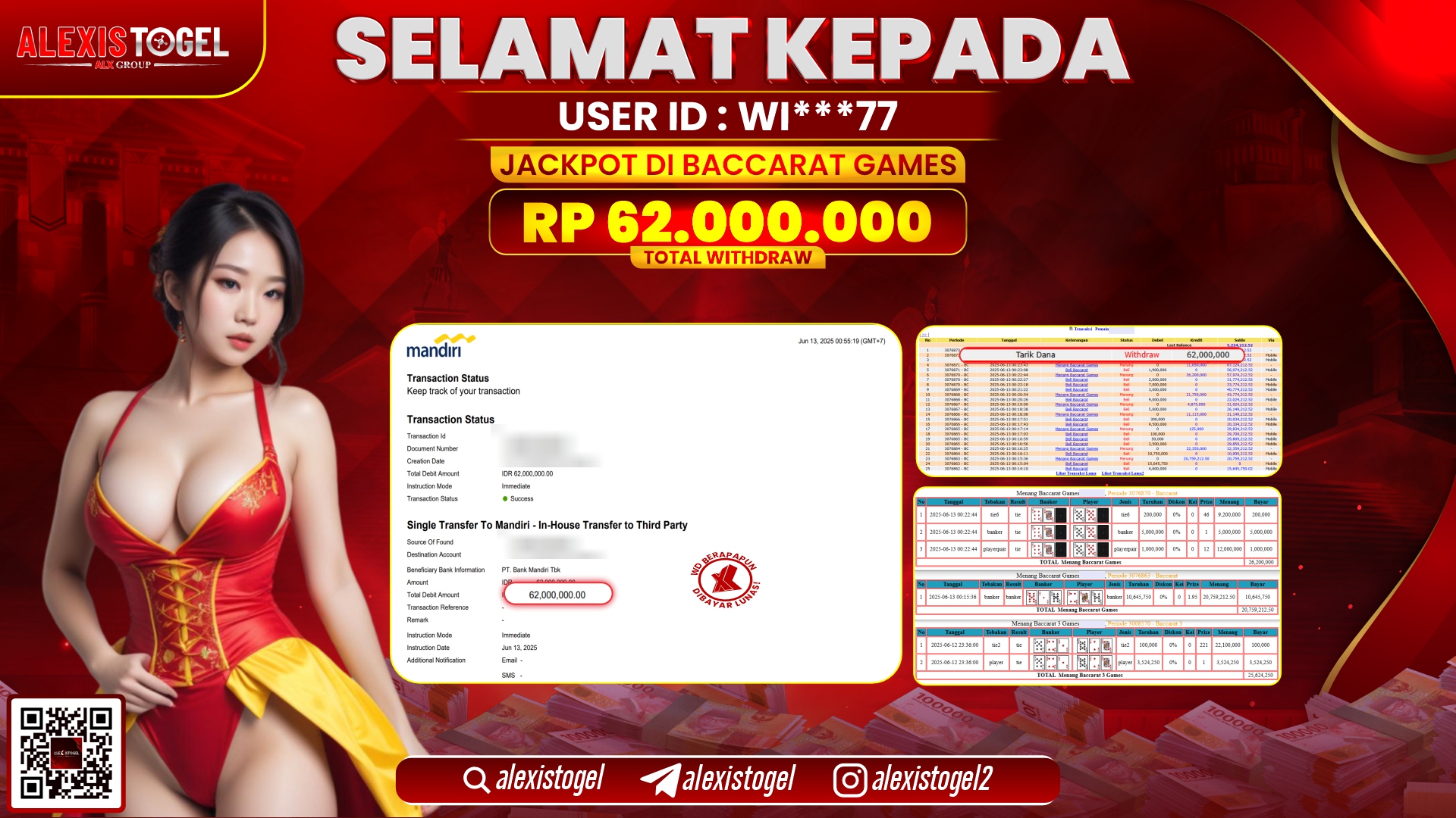 ALEXISTOGEL di CASINO BACCARAT RP.62.000.000 LUNAS