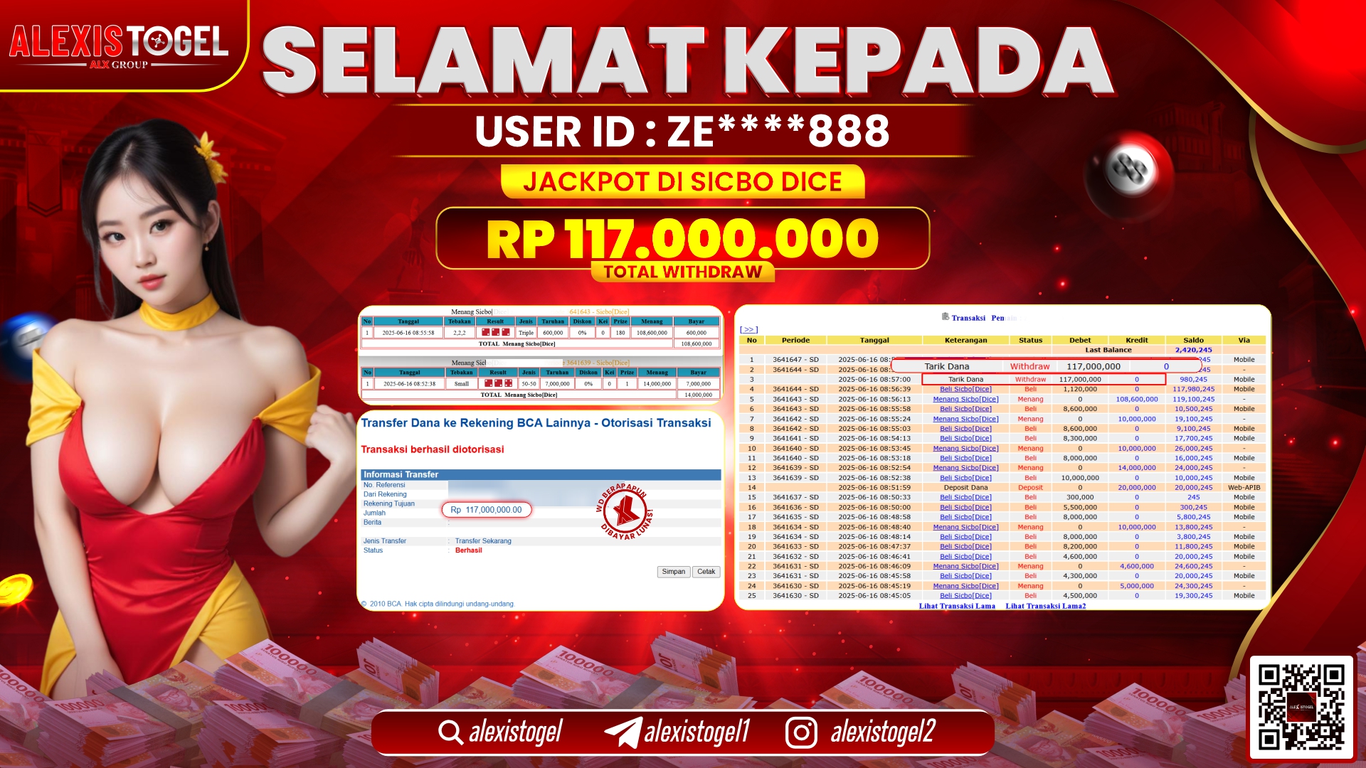 ALEXISTOGEL di CASINO SICBO DICE RP.117.000.000 LUNAS