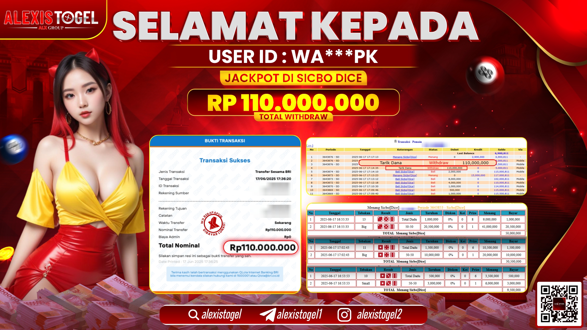 ALEXISTOGEL di CASINO SICBO DICE RP.110.000.000 LUNAS