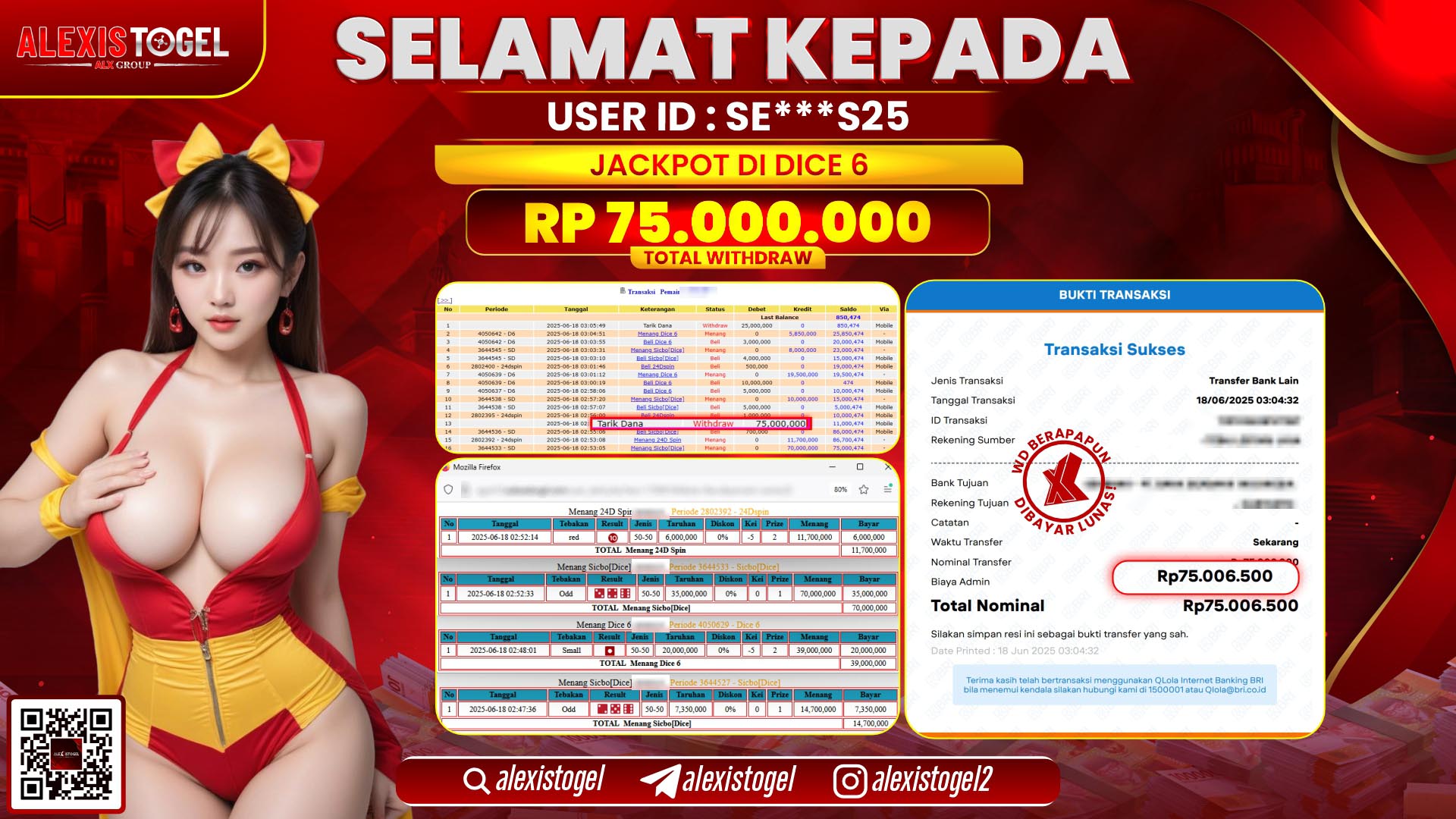 ALEXISTOGEL di CASINO DICE 6 RP.75.000.000 LUNAS