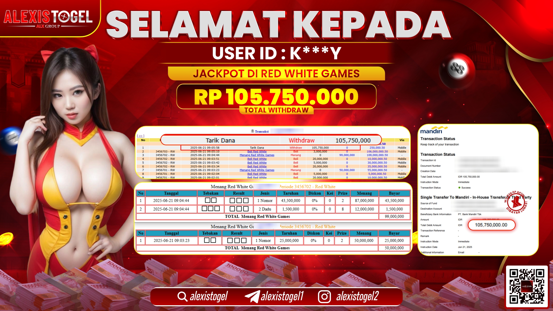 ALEXISTOGEL di CASINO RED WHITE GAMES RP.105.750.000 LUNAS