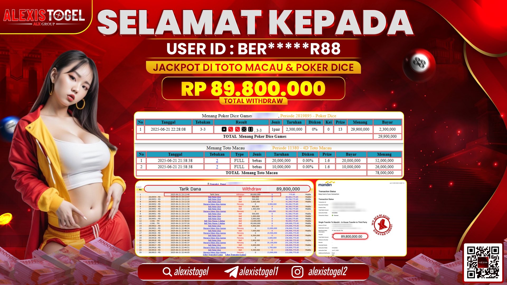 ALEXISTOGEL di TOGEL TOTOMACAU & POKER DICE RP.89.800.000 LUNAS