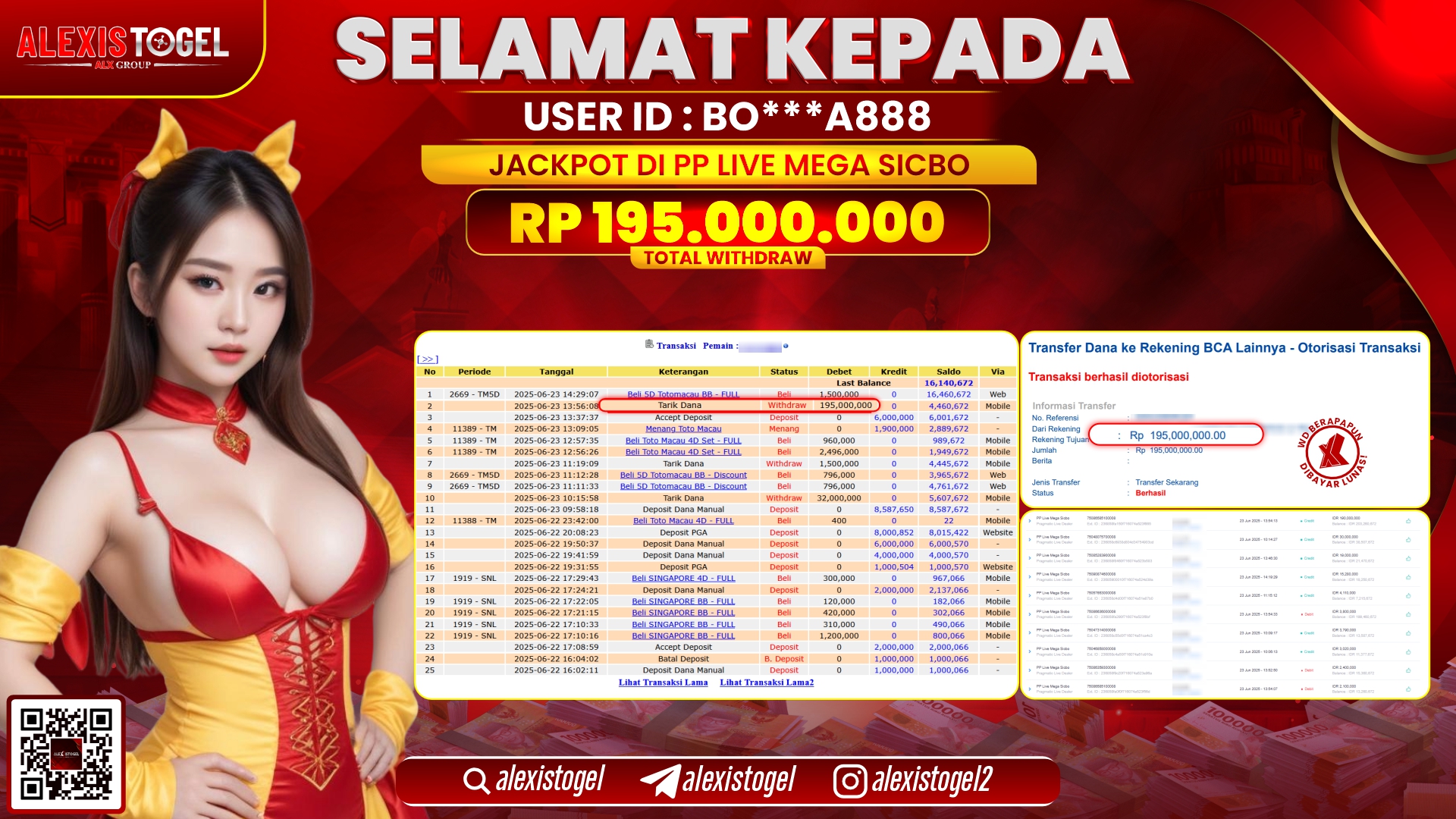 ALEXISTOGEL di PP LIVE MEGA SICBO RP.195.000.000 LUNAS