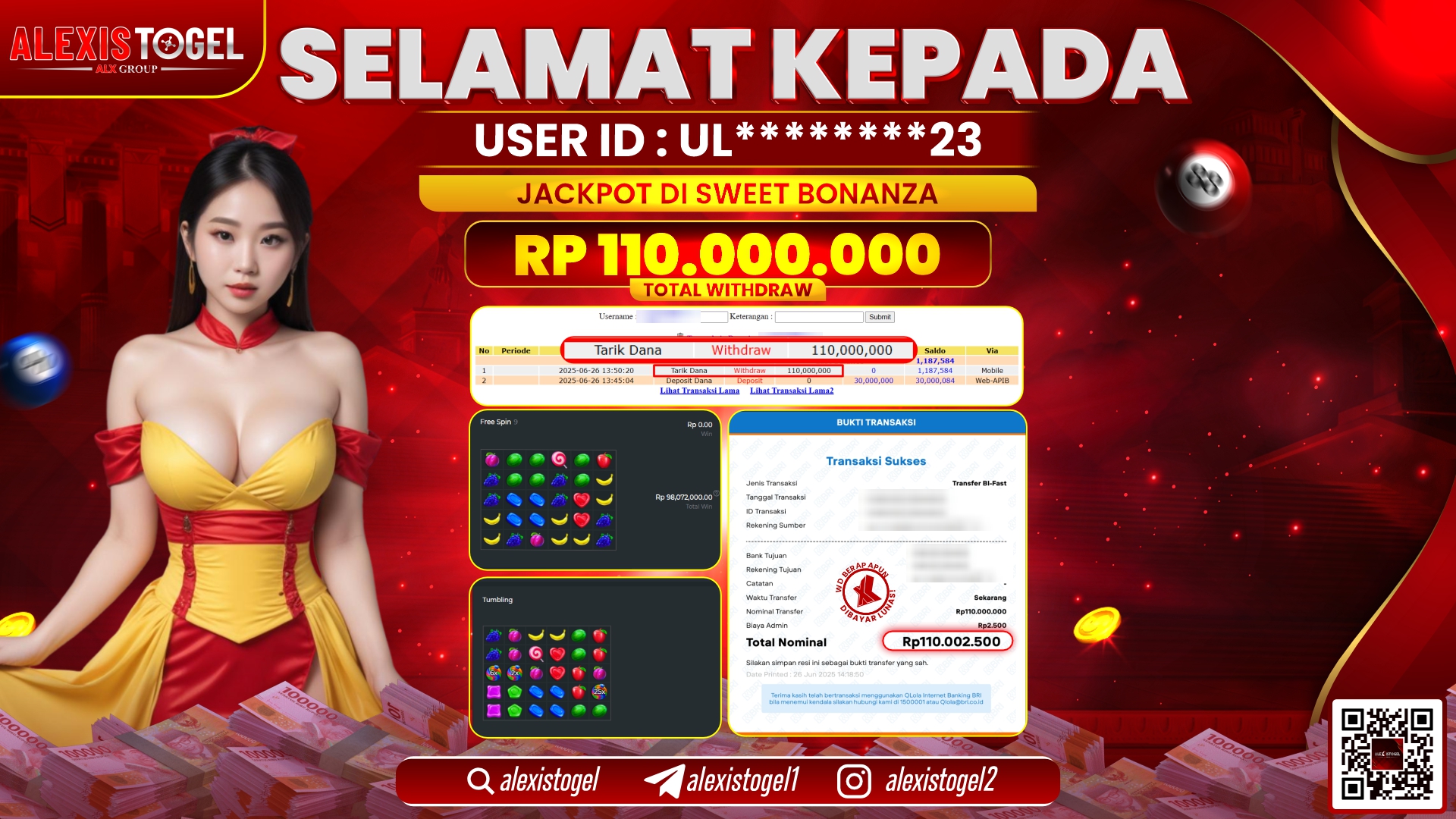 ALEXISTOGEL di SLOT SWEET BONANZA RP.110.000.000 LUNAS
