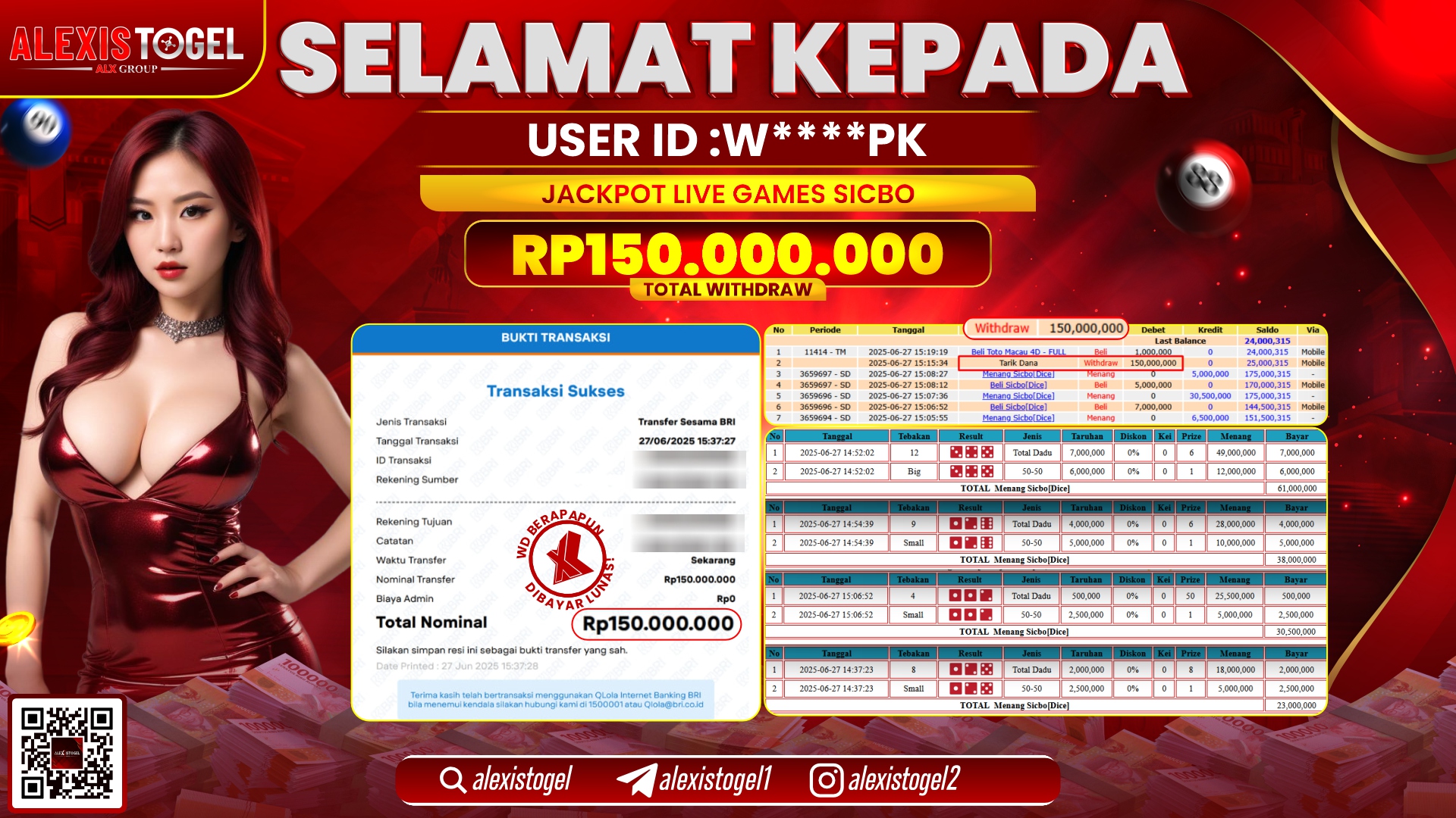 ALEXISTOGEL di LIVE GAMES SICBO RP.150.000.000 LUNAS