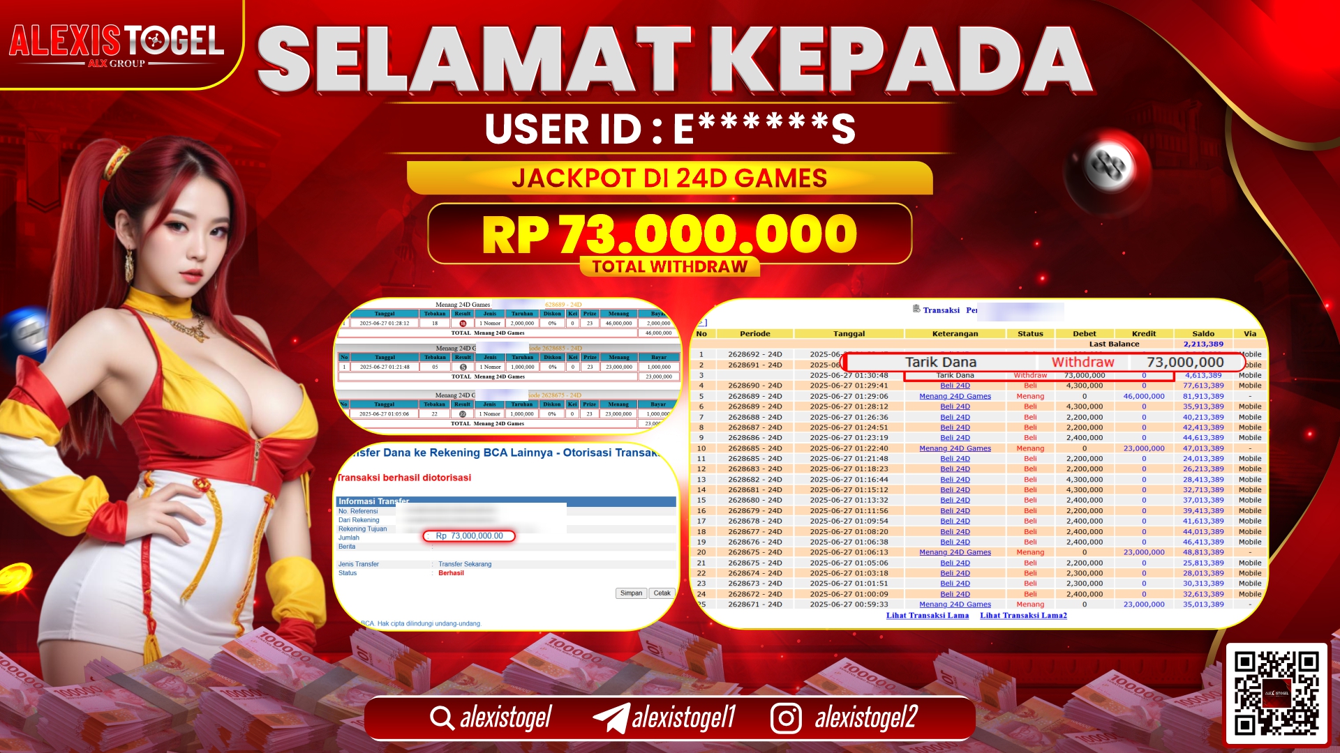 ALEXISTOGEL di CASINO 24D GAMES RP.73.000.000 LUNAS