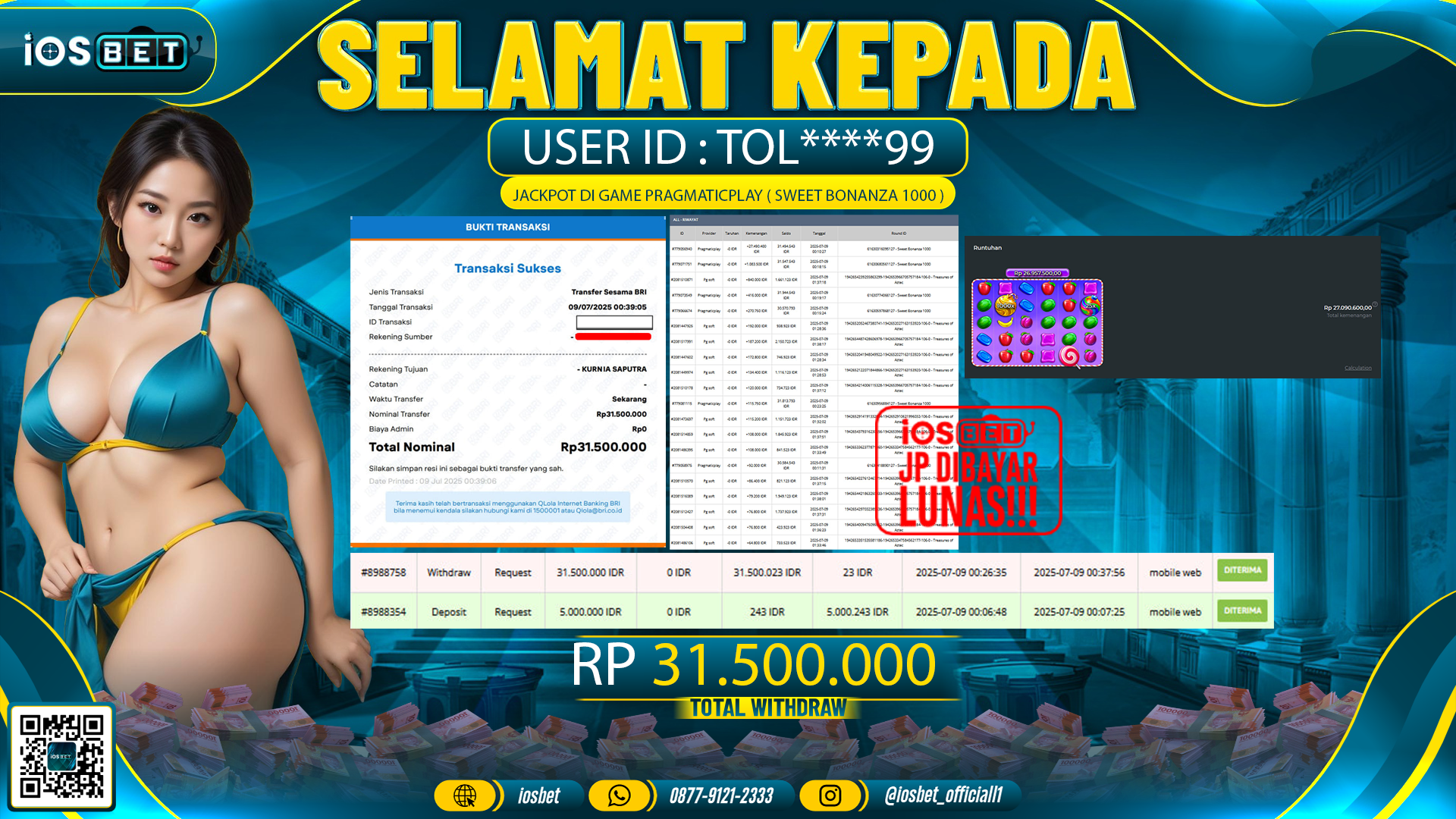Bukti Pembayaran LUNAS SLOT GAME GACOR  Rp.31.500.000