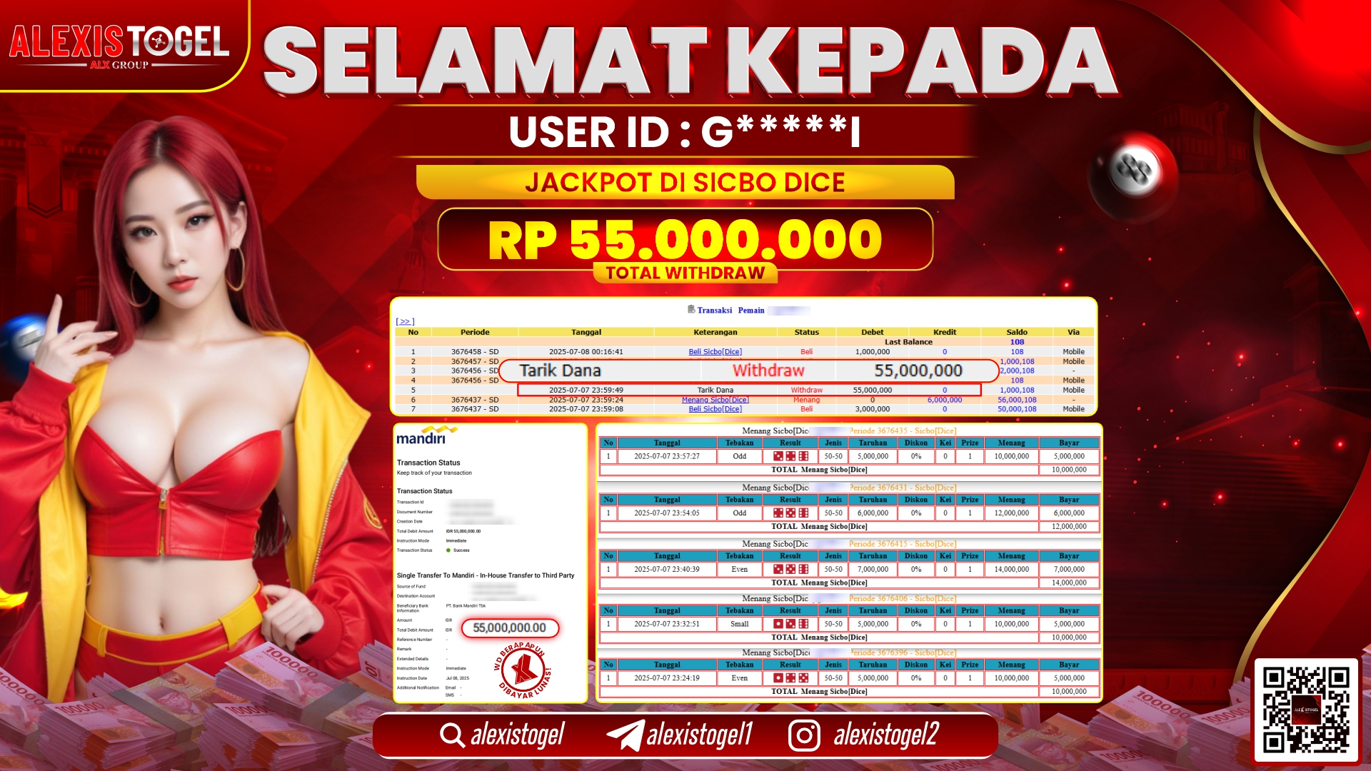 ALEXISTOGEL di CASINO SICBO DICE RP.55.000.000 LUNAS