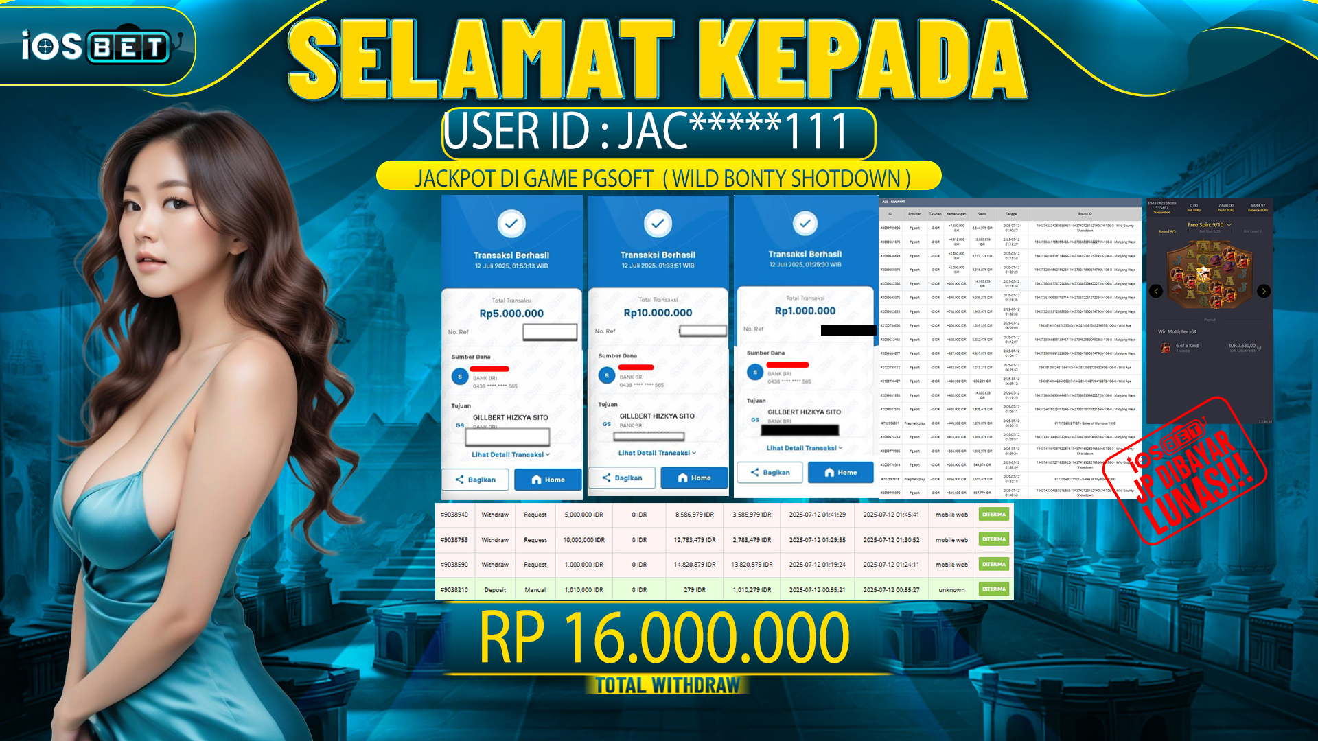 Bukti Pembayaran LUNAS SLOT GAME GACOR Rp.16.000.000