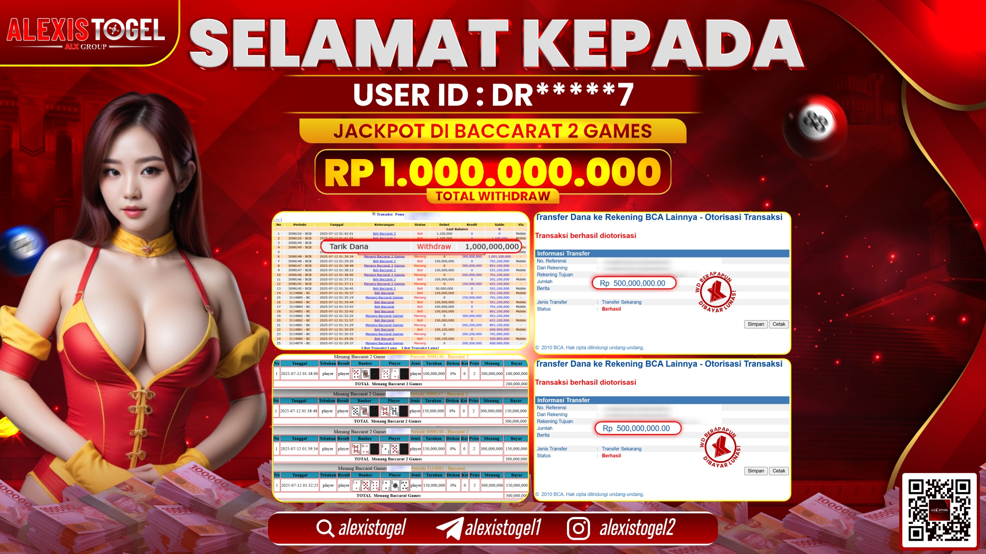 ALEXISTOGEL di BACCARAT 2 GAMES RP.1.000.000.000 LUNAS