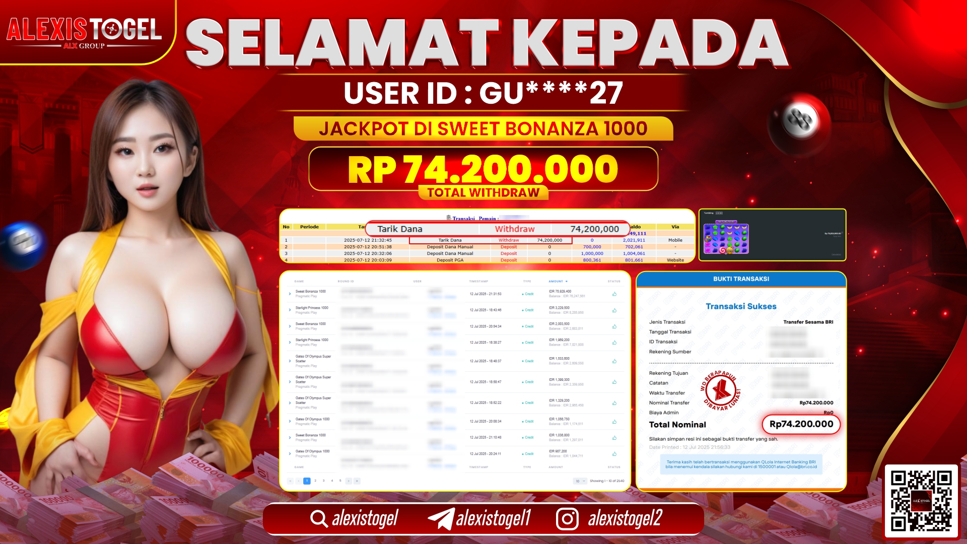 ALEXISTOGEL di SLOT SWEET BONANZA RP.74.200.000 LUNAS