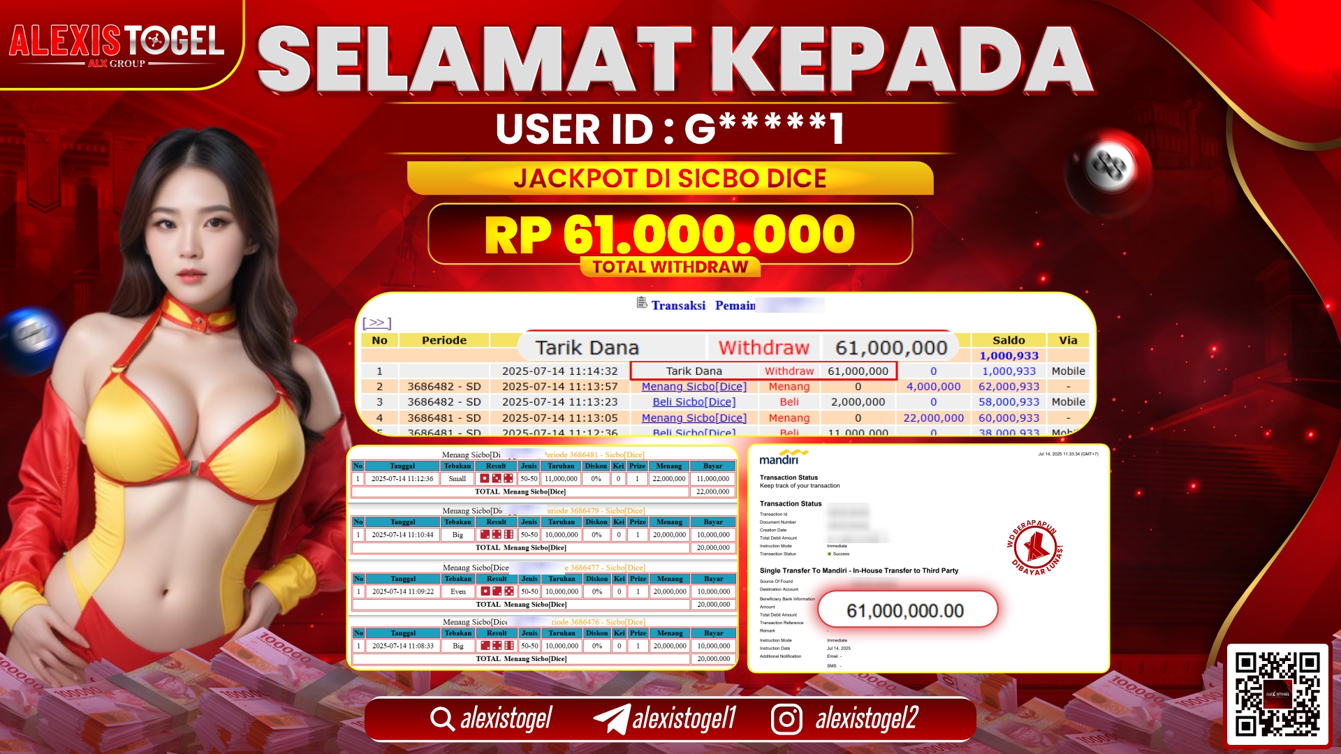 ALEXISTOGEL di CASINO SICBO DICE RP.61.000.000 LUNAS