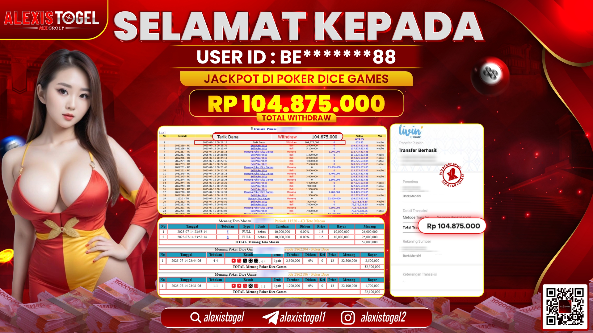 ALEXISTOGEL di CASINO POKER DICE RP.104.875.000 LUNAS