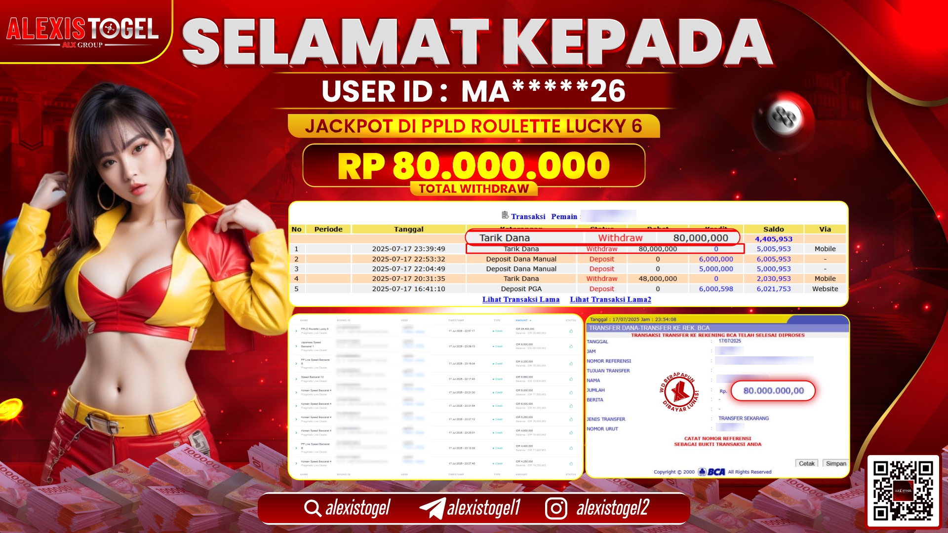 ALEXISTOGEL di PPLD ROULETTE LUCKY 6 RP.80.000.000 LUNAS