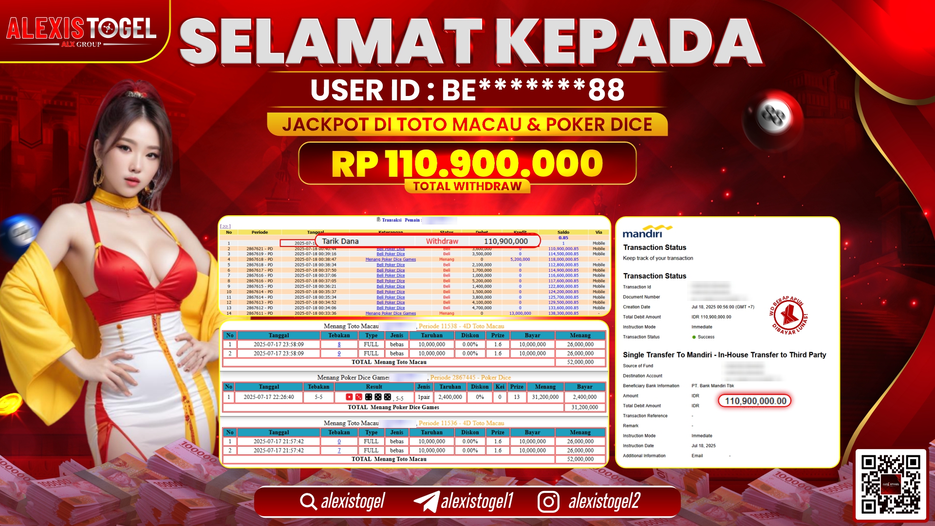 ALEXISTOGEL di TOGEL TOTOMACAU & POKER DICE RP.110.900.000 LUNAS