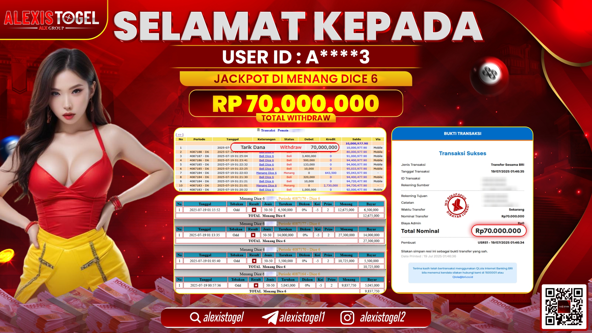 ALEXISTOGEL di CASINO DICE 6 RP.70.000.000 LUNAS