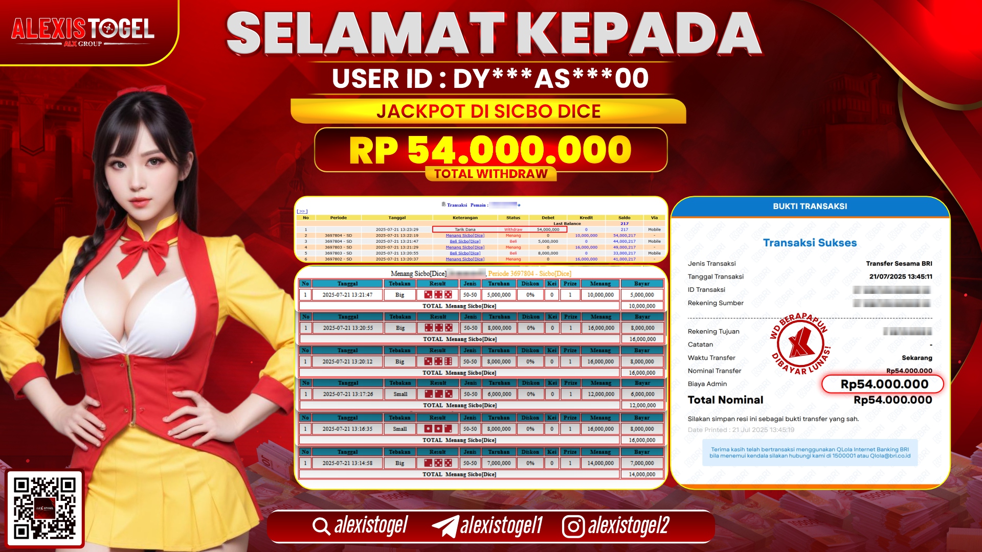 ALEXISTOGEL di CASINO SICBO DICE RP.54.000.000 LUNAS