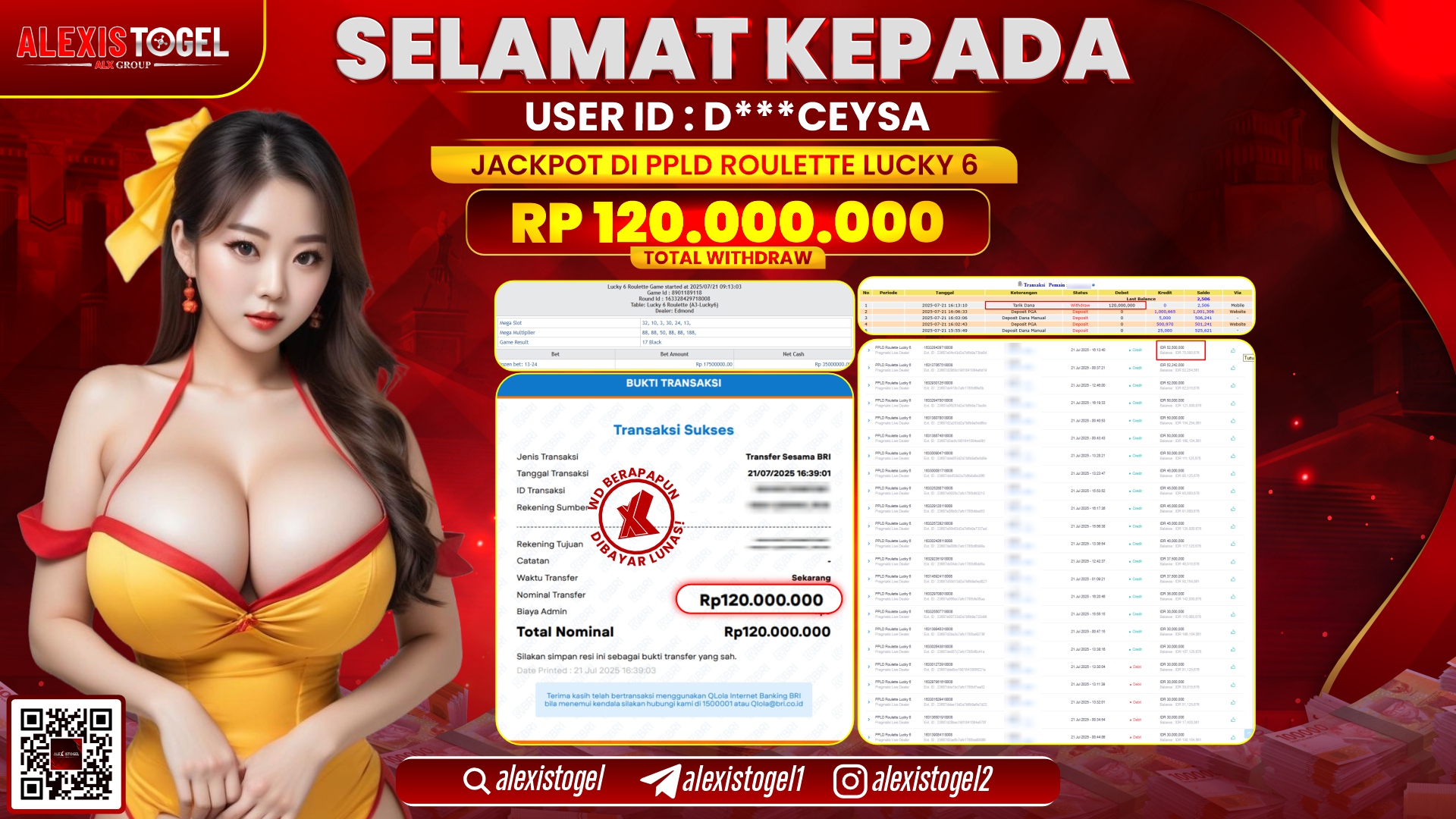ALEXISTOGEL di PPLD ROULETTE LUCKY 6 RP.120.000.000 LUNAS