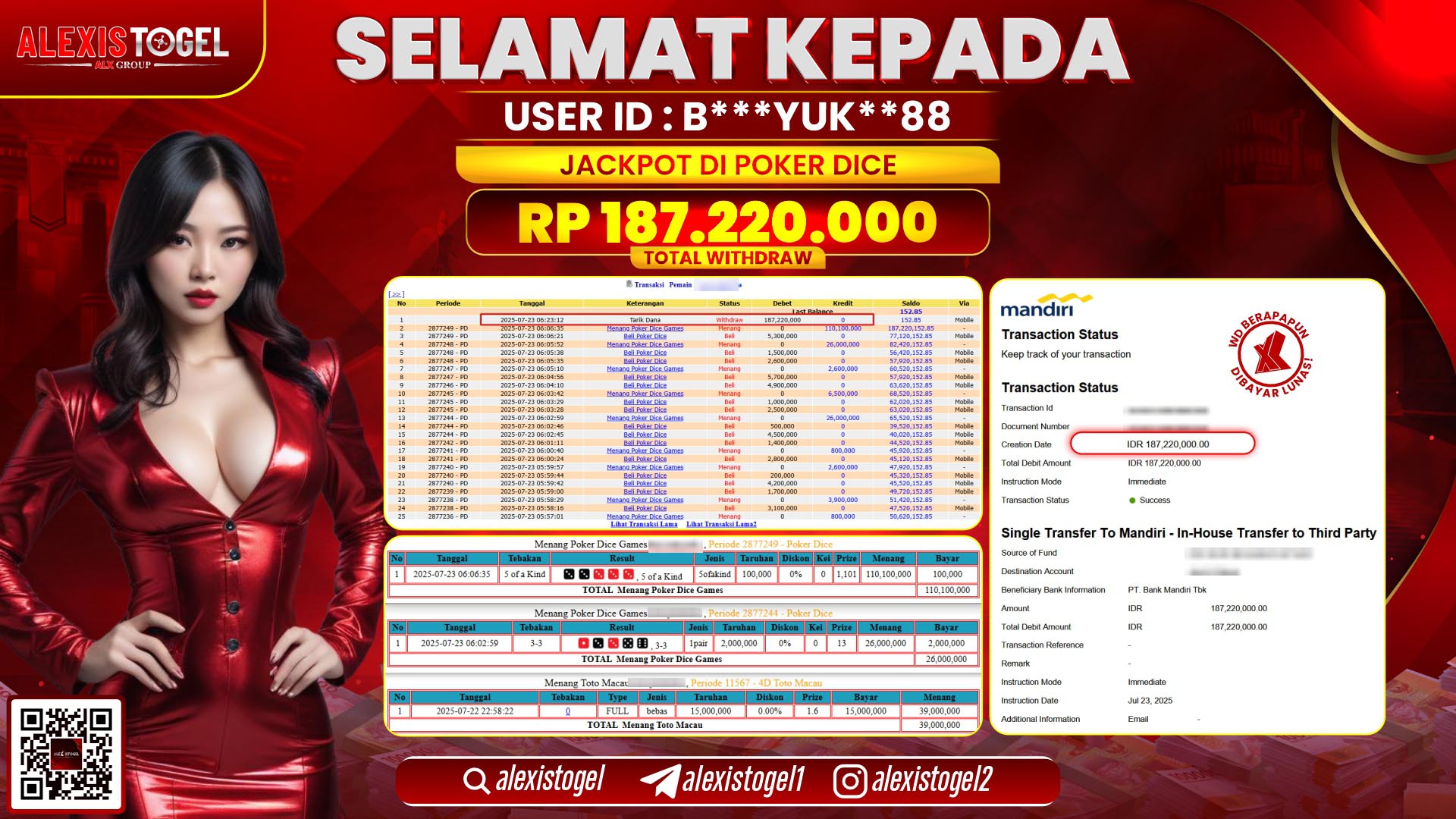 ALEXISTOGEL di CASINO POKER DICE RP.187.220.000 LUNAS