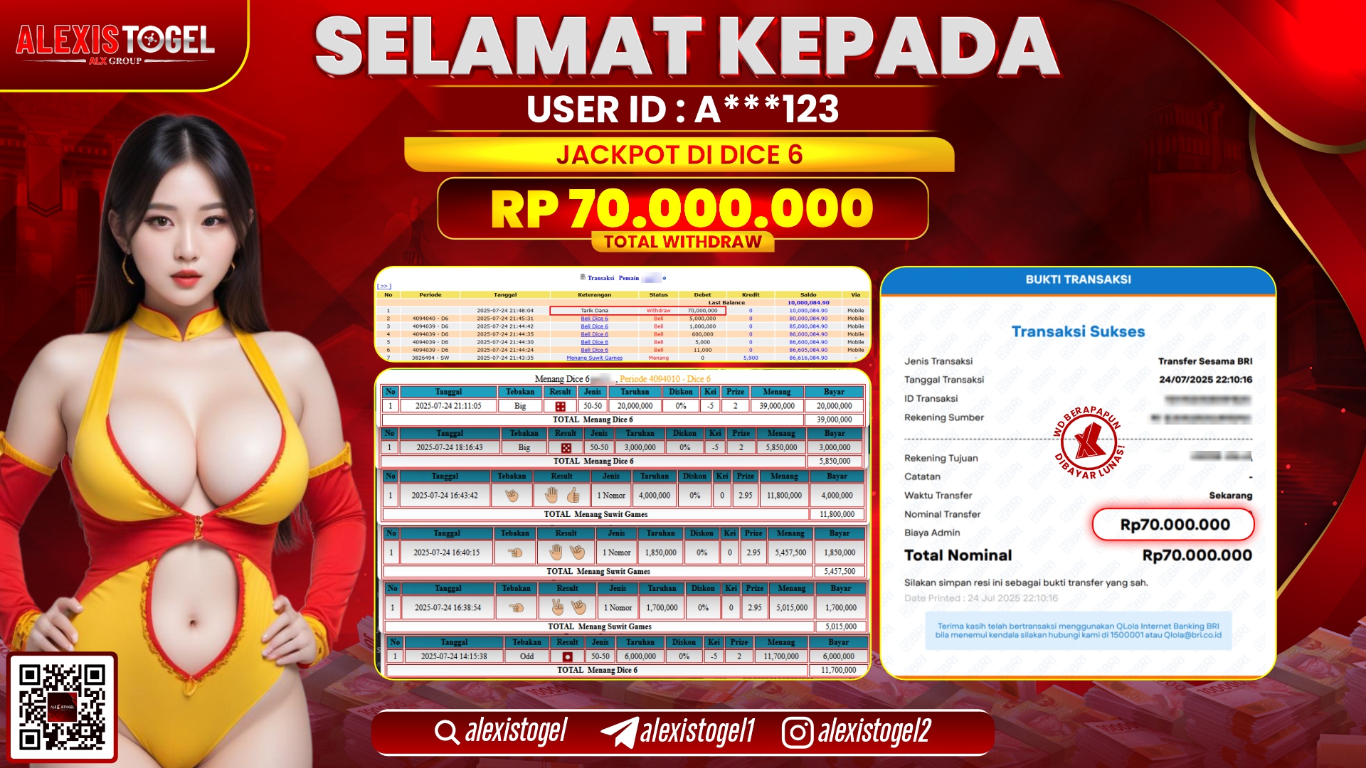 ALEXISTOGEL di CASINO DICE 6 RP.70.000.000 LUNAS