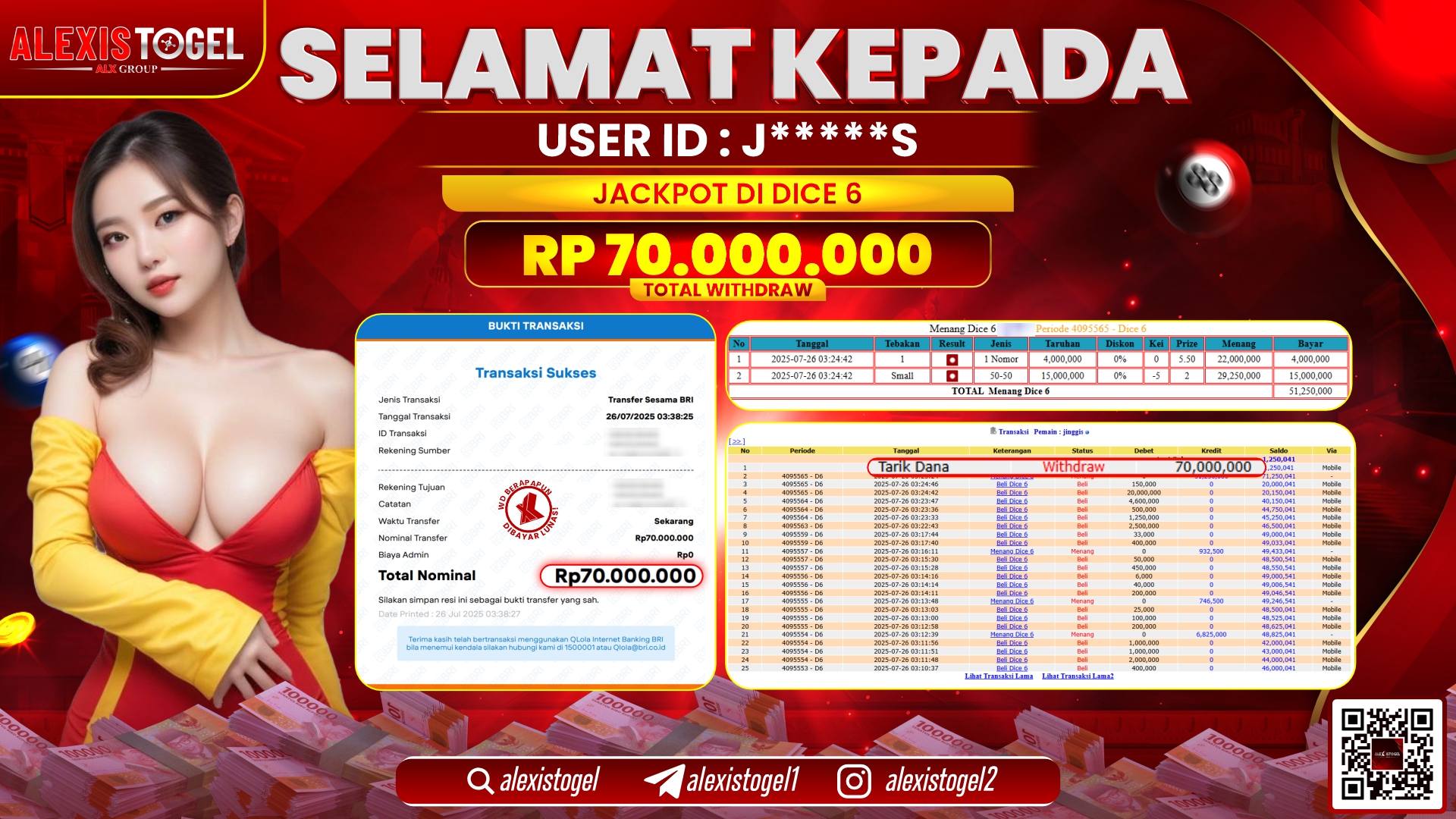 ALEXISTOGEL di CASINO DICE 6 RP.70.000.000 LUNAS