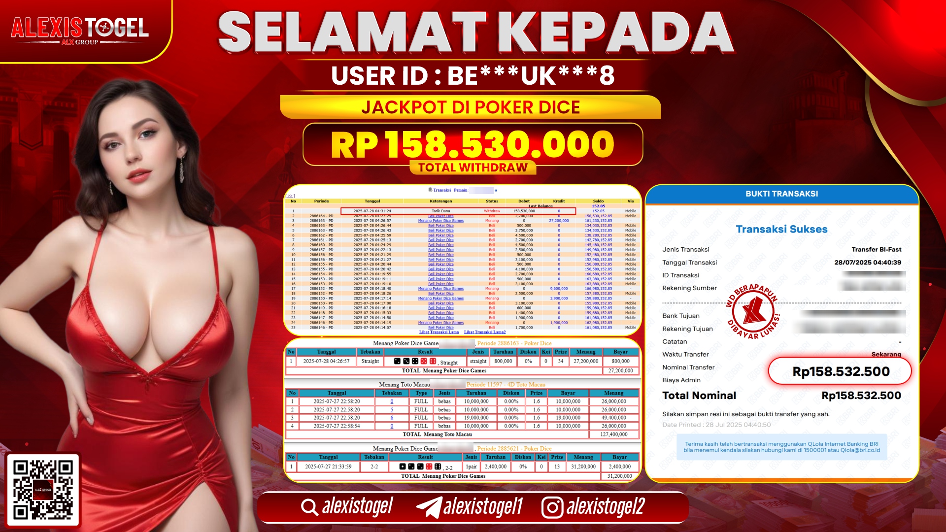 ALEXISTOGEL di CASINO POKER DICE RP.158.530.000 LUNAS
