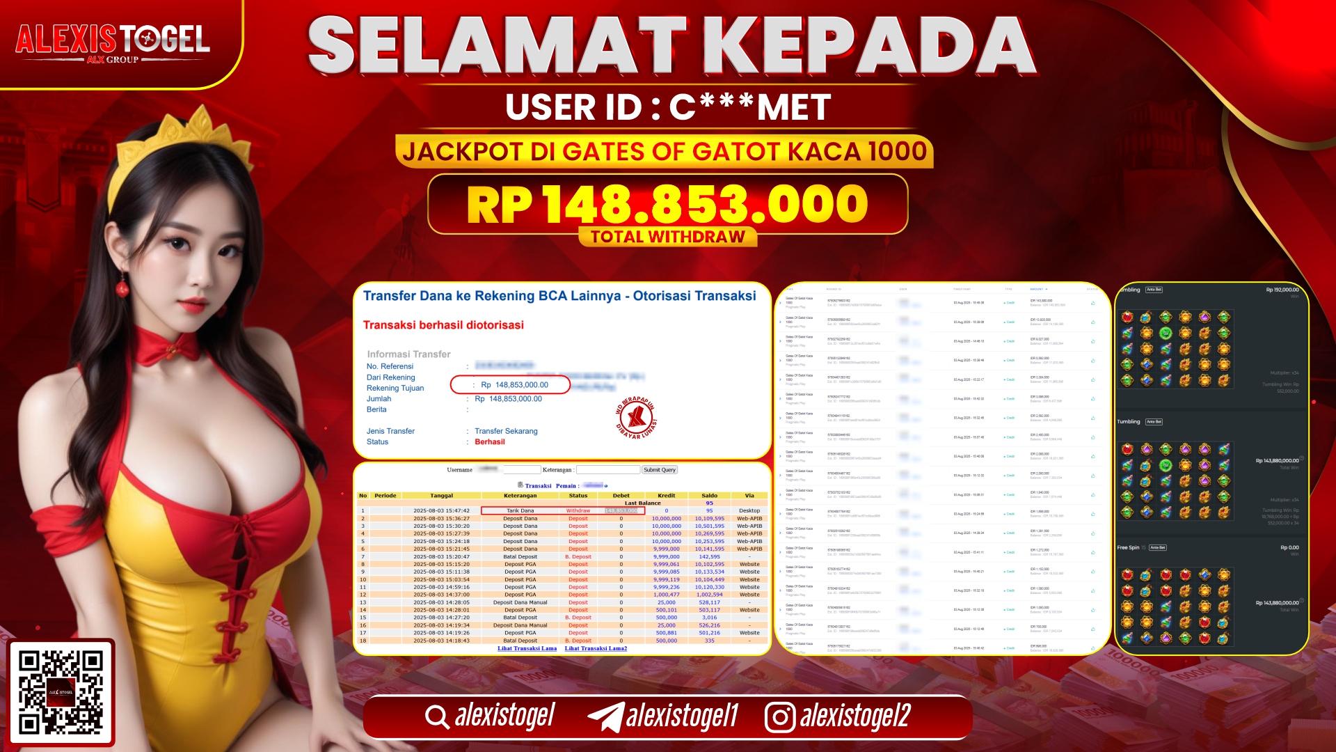 ALEXISTOGEL di SLOT GATES OF GATOT KACA 1000 RP.148.853.000 LUNAS
