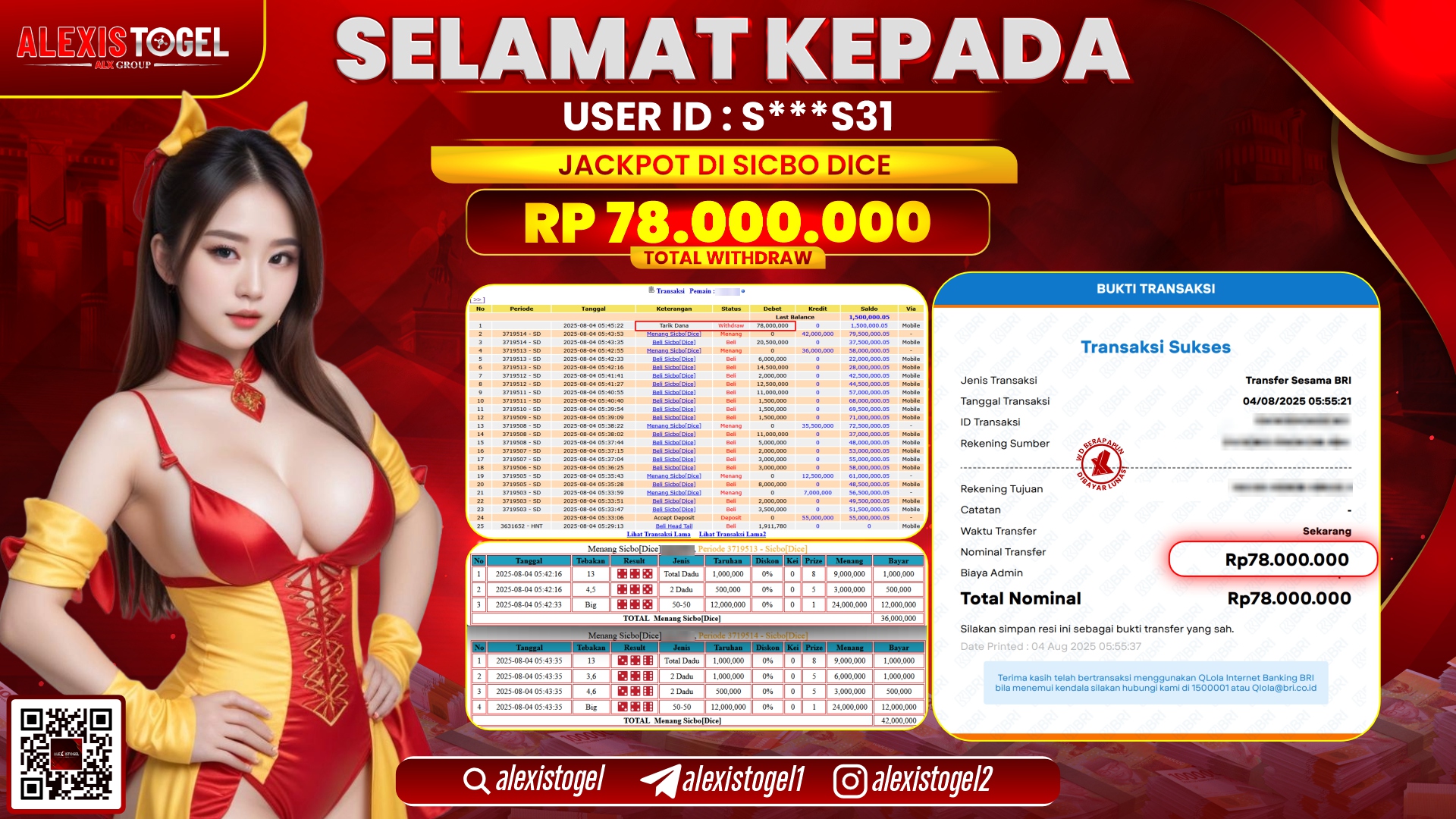 ALEXISTOGEL di CASINO SICBO DICE RP.78.000.000 LUNAS
