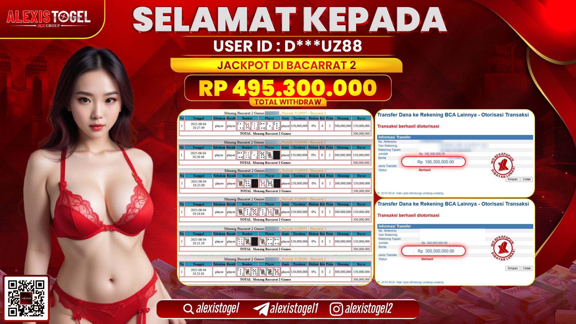 ALEXISTOGEL di CASINO BACARRAT 2 RP.495.300.000 LUNAS