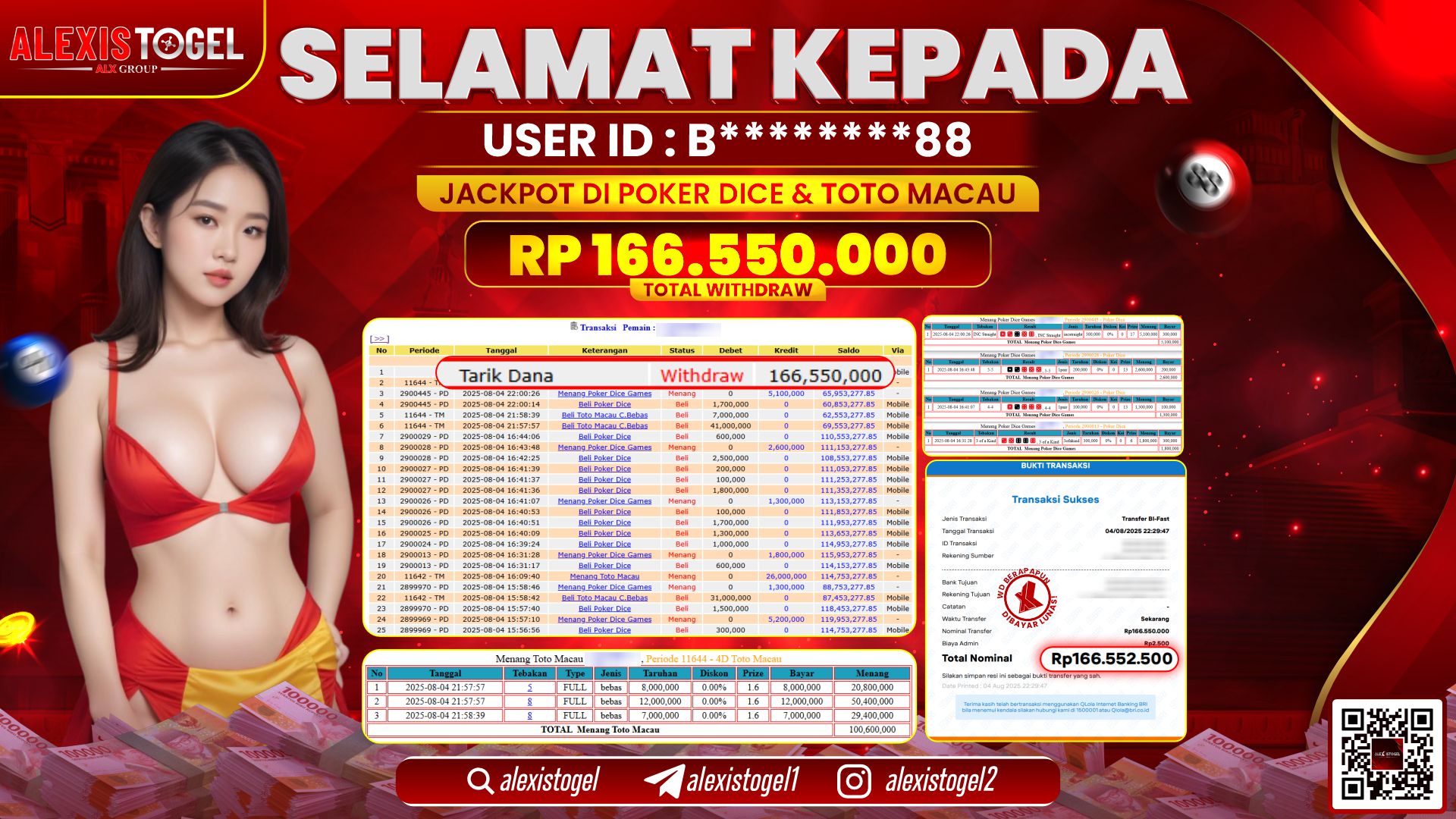 ALEXISTOGEL di POKER DICE & TOTOMACAU RP.166.550.000 LUNAS