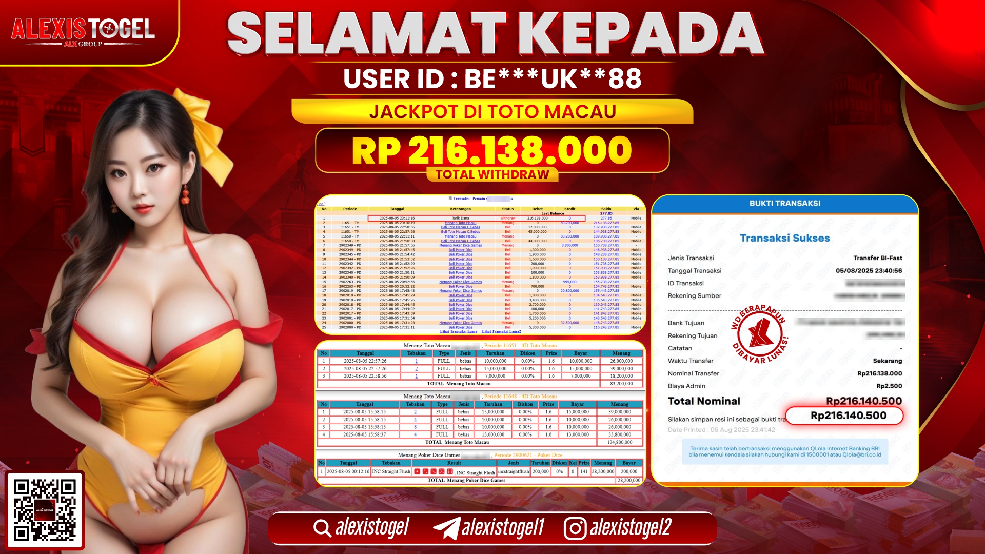 ALEXISTOGEL di TOGEL TOTOMACAU RP.216.138.000 LUNAS